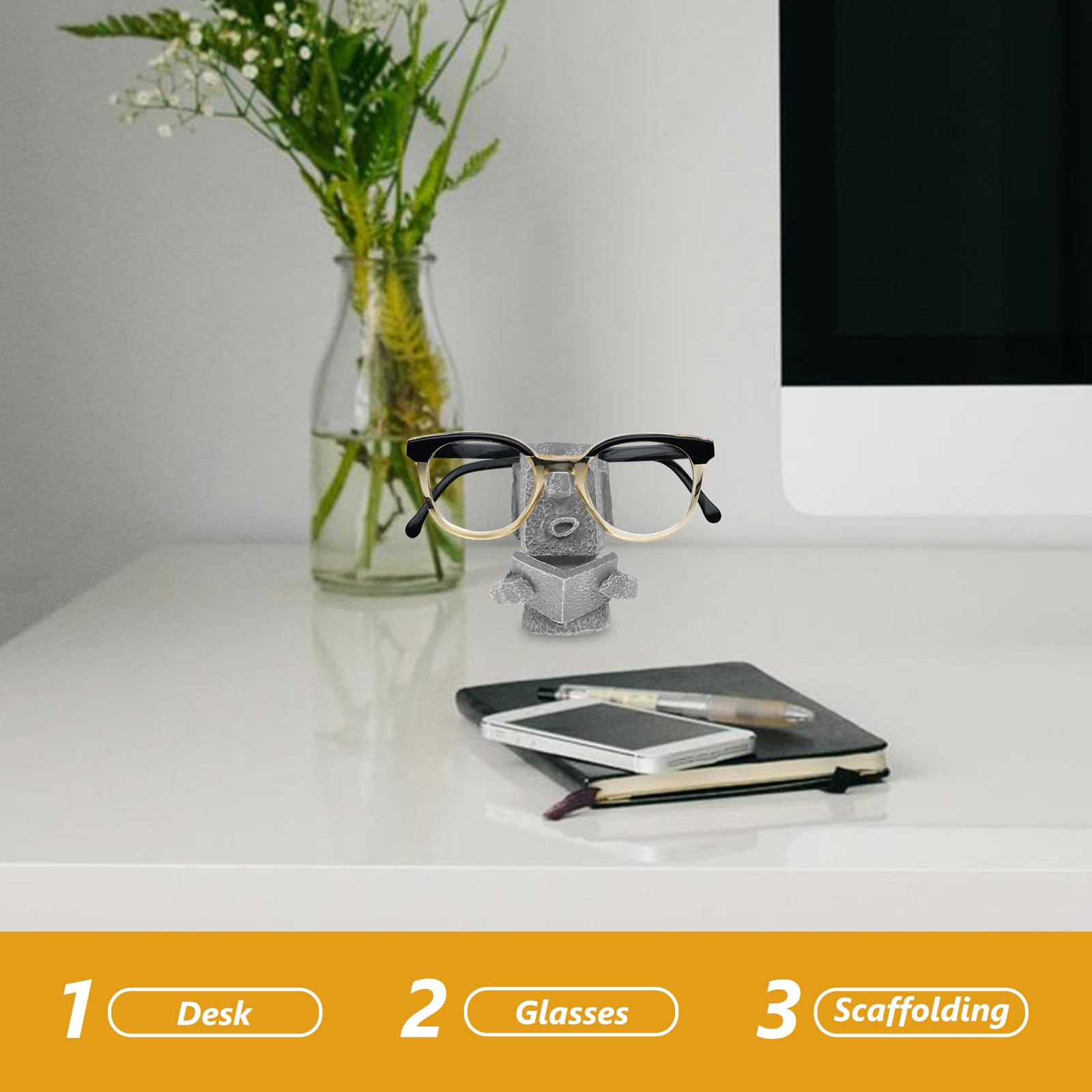 DOITOOL Moai Glasses Holder Stand - Easter Island Inspired Eyeglass & Sunglass Display - Natural Granite Finish Desk Organizer for Home & Office Decor | Perfect for Reading, Working & Displaying Eyewear