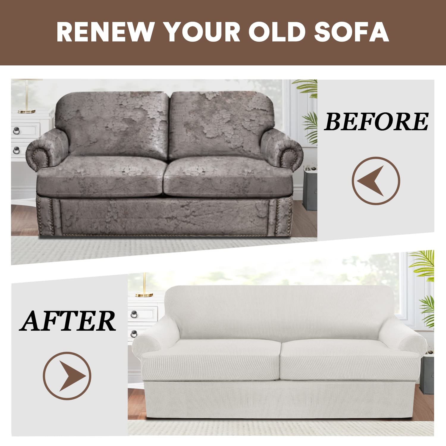 3 Piece T-Cushion Sofa Slipcovers - Thick Stretchable Couch Cover Furniture Protector for 2-Cushion Loveseat with Washable Removable Covers (White) - Perfect for Living Room, Apartment & Home Decor Protection