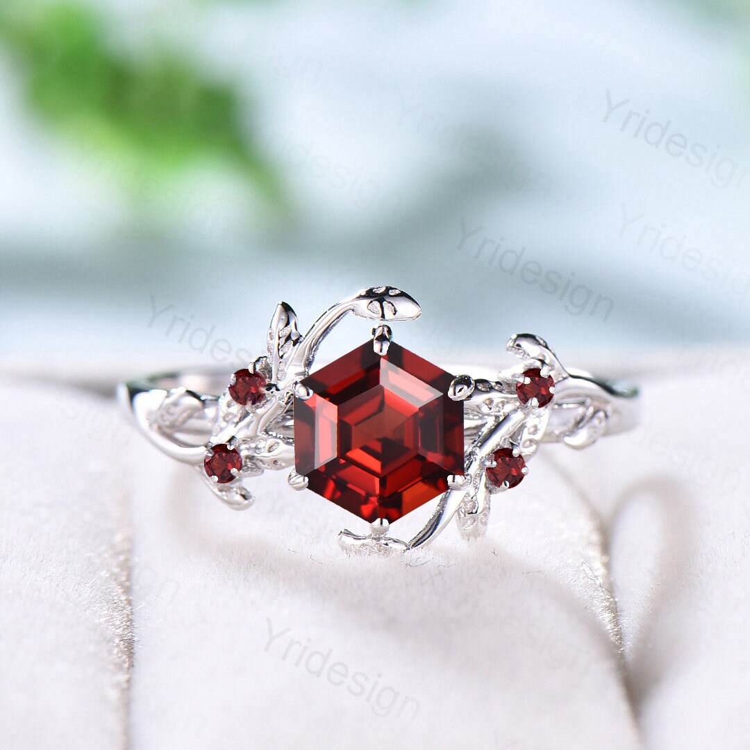 Vintage Twig Engagement Ring 14K White Gold - Natural Inspired Garnet Leaf Branch Wedding Ring for Women - January Birthstone Jewelry - Perfect for Romantic Proposals & Anniversary Gifts