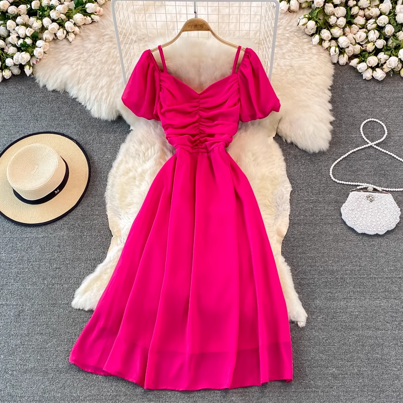 Bubble Short Sleeve Square Neck Dress - Pleated A-Line Chiffon Long Skirt for Women | Summer Casual Flowy Dress for Beach, Party & Everyday Wear | Style 926