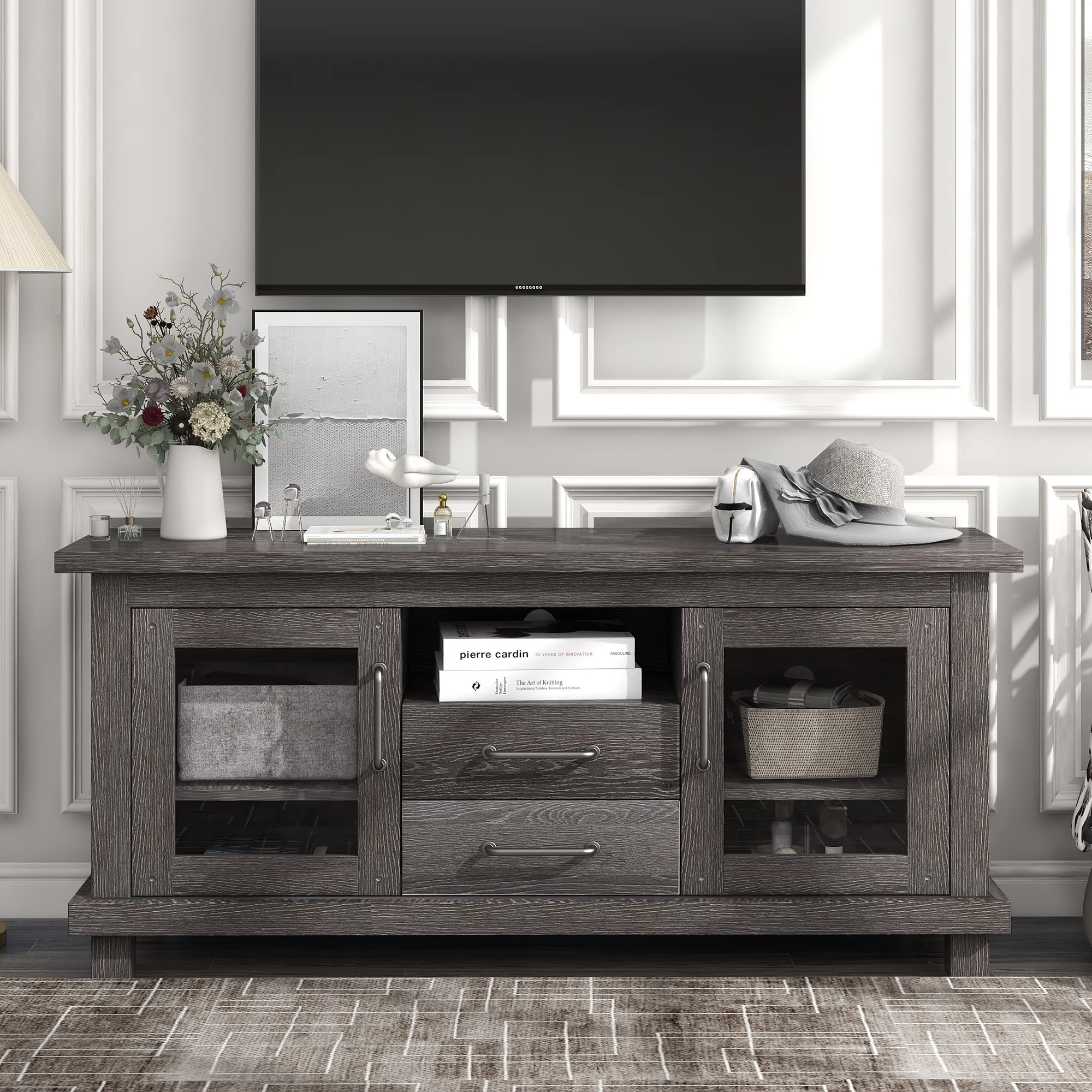 Rustic Console Table with Drawer - 65 Inch TV Stand Entertainment Center with Glass Doors & Adjustable Shelf - Solid Wood Entryway Sofa Table for Living Room, Hallway & Bedroom