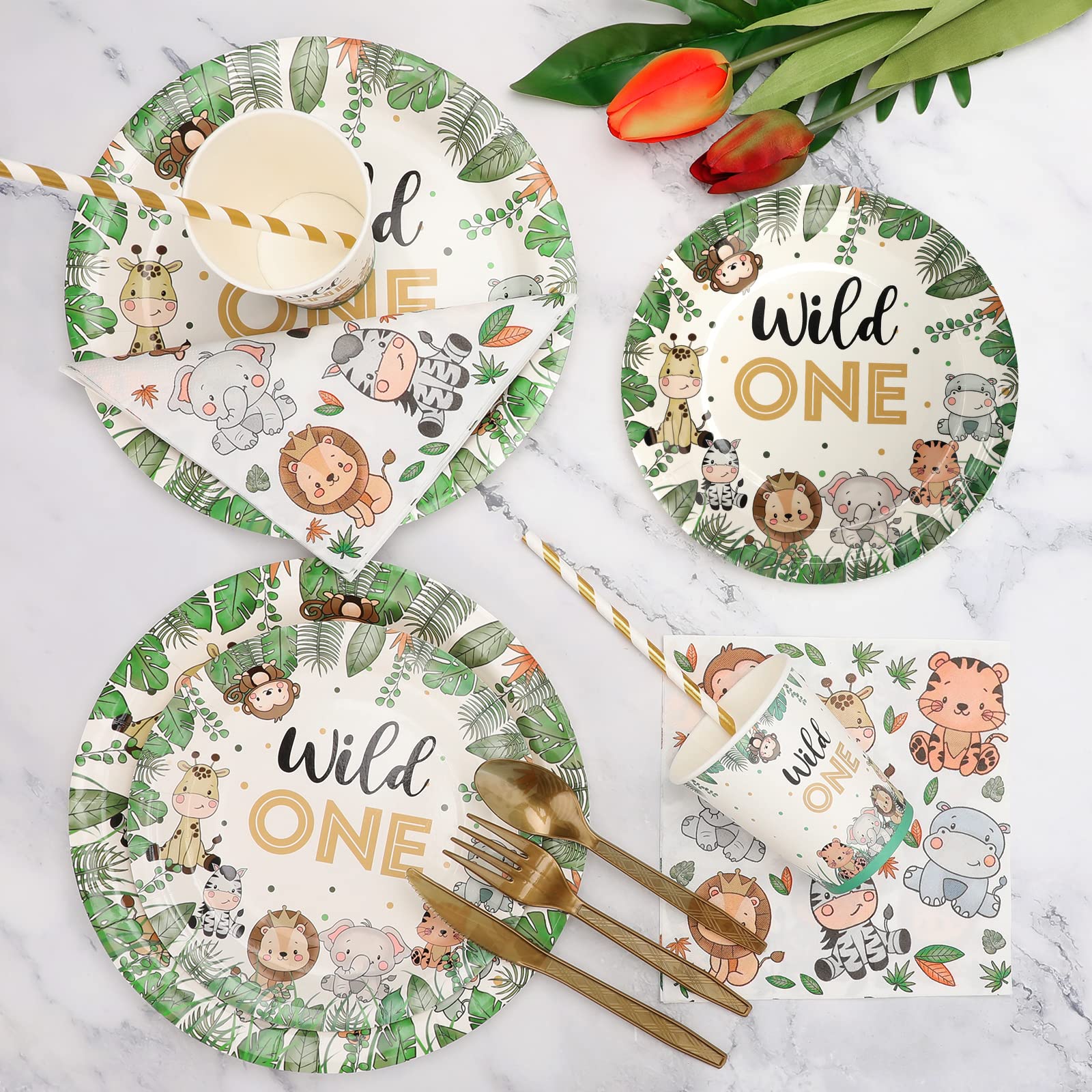 240-Piece Wild One 1st Birthday Party Decorations Set - Jungle Theme Tableware for 30 Guests Including Plates, Cups, Napkins & Straws (30-Pack) - Perfect for Baby's First Birthday, Safari Themed Parties & Animal Print Celebrations
