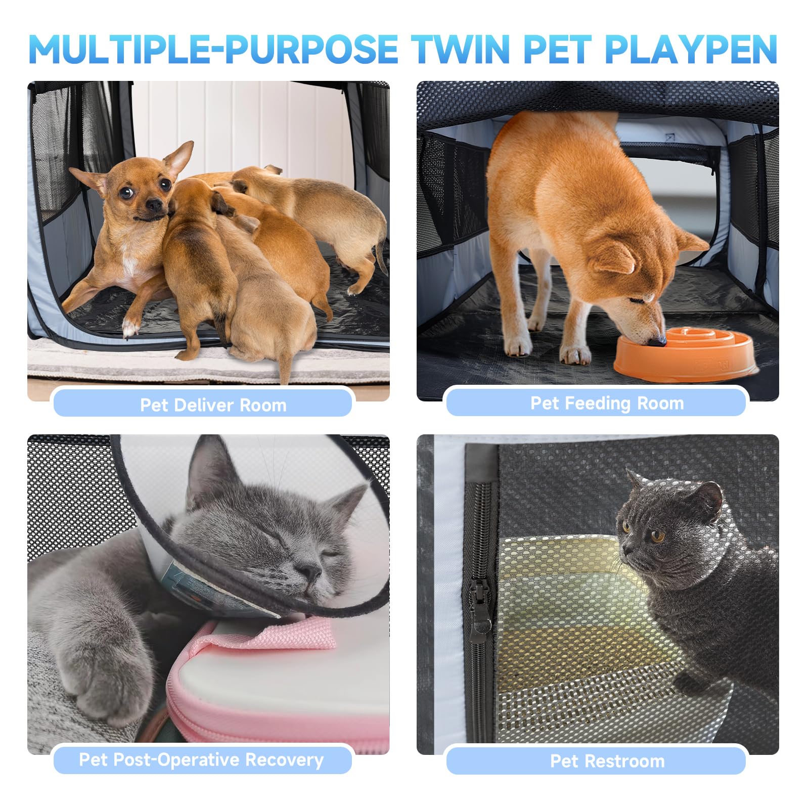 2-in-1 Dog & Cat Playpen - 73'' Large Pop Up Pet Playpen for Indoor/Outdoor Use - Portable Puppy Kennel, Cat Tent & Small Animal Cage (73.5