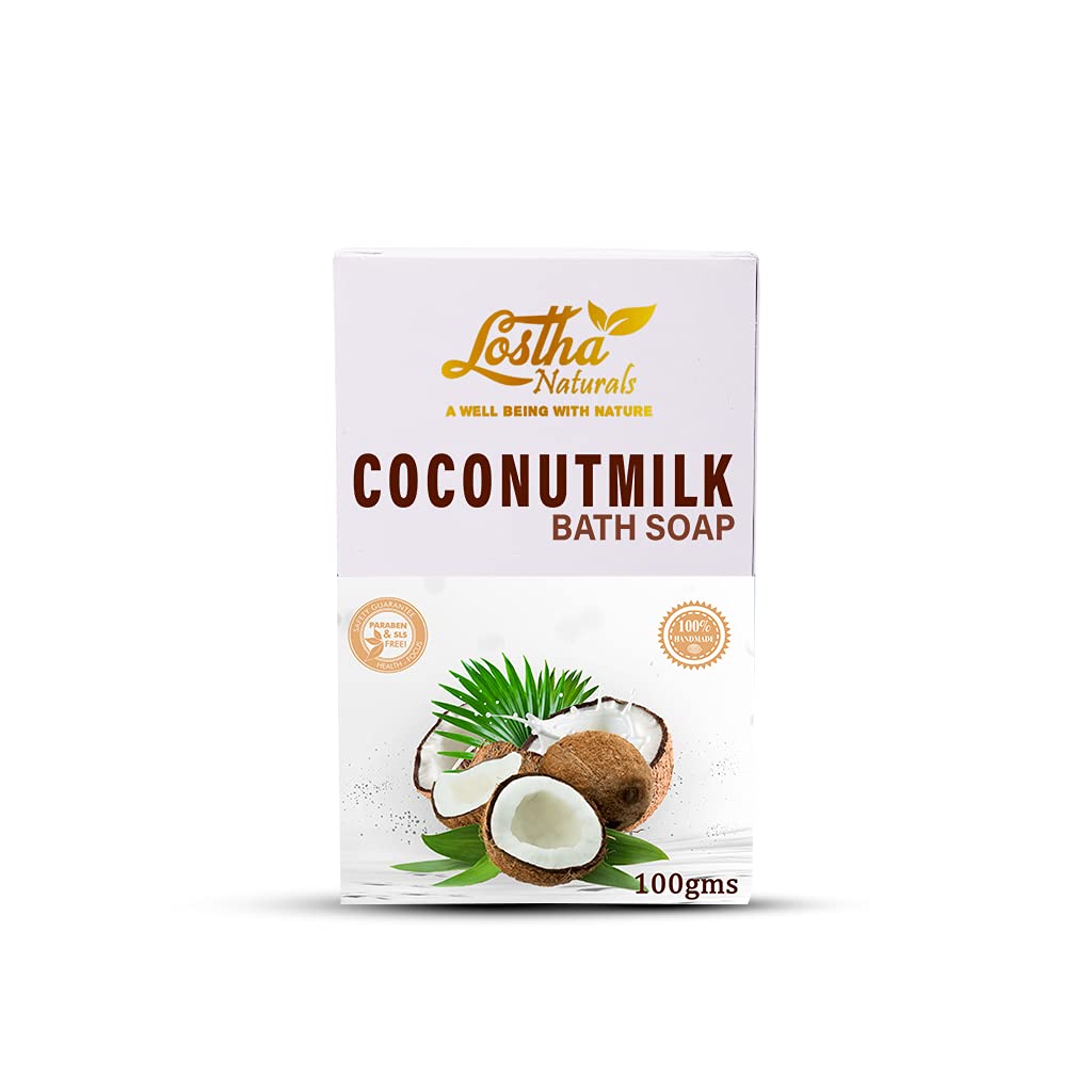 Lostha Naturals Coconut Milk Handmade Soap with Almond Coco Butter & Virgin Coconut Oil - Vitamin E Enriched Moisturizing Bar (100g) for Dry Skin, Sensitive Skin Care & Daily Gentle Cleansing