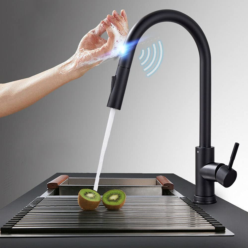 HTSSM Black Stainless Steel Smart Sensor Kitchen Faucet with Pull-Out Sprayer - Touch Control Induction Mixer Tap for Modern Home Kitchen Sink (Perfect for Cooking, Washing Dishes & Food Prep)