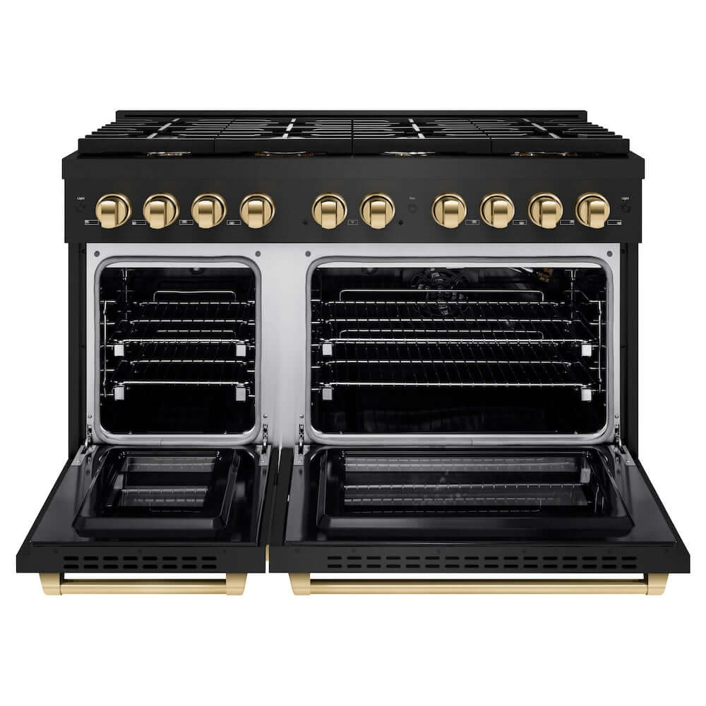 ZLINE Autograph Edition 48-inch 6.7 cu. ft. Paramount Double Oven Gas Range with 8-Burner Cooktop - Black Stainless Steel & Polished Gold Accents (SGRBZ 48 G) | Professional Kitchen Appliance for Home Chefs & Entertaining