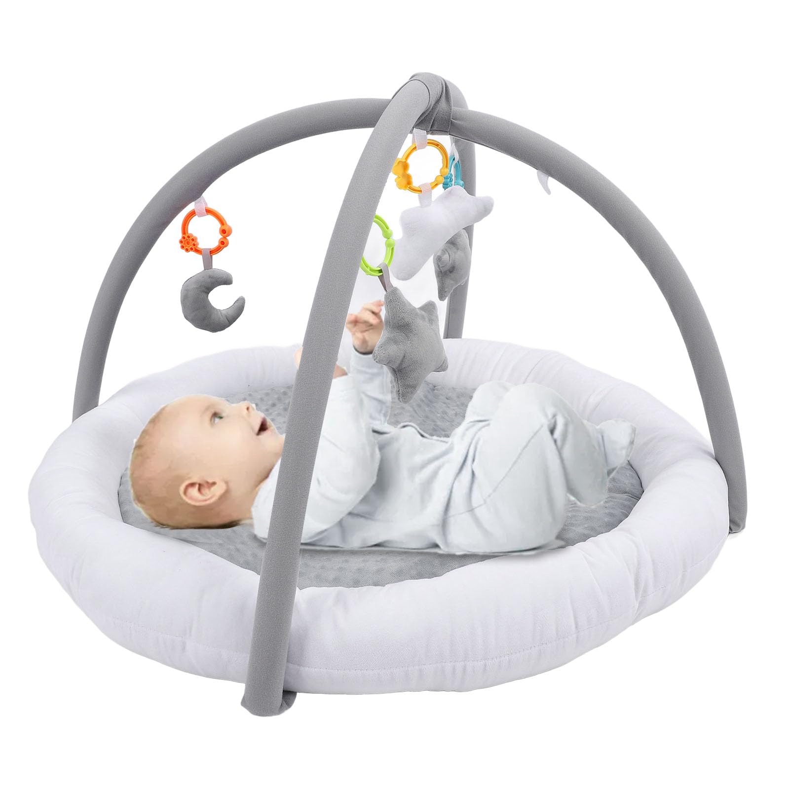 BTSEURY Baby Play Gym Mat - Soft Plush Sensory Activity Mat with 4 Toys for Newborns & Infants 0-24 Months | Thick Cotton Filling, Round Design for Tummy Time & Early Development | Perfect for Nursery, Daycare & Travel