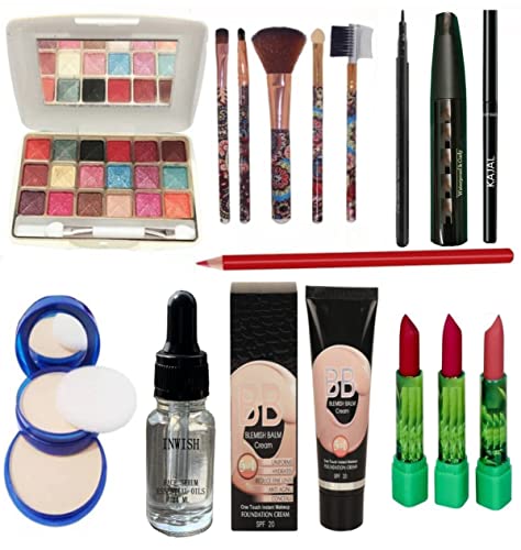 16-in-1 Complete Makeup Kit with Eyeshadow Palette, Brushes, Eyeliner, Mascara, Kajal, Face Powder, Essential Oil Serum, 3 Lipsticks & Foundation - Perfect Gift Set for Women | Everyday Makeup & Special Occasions