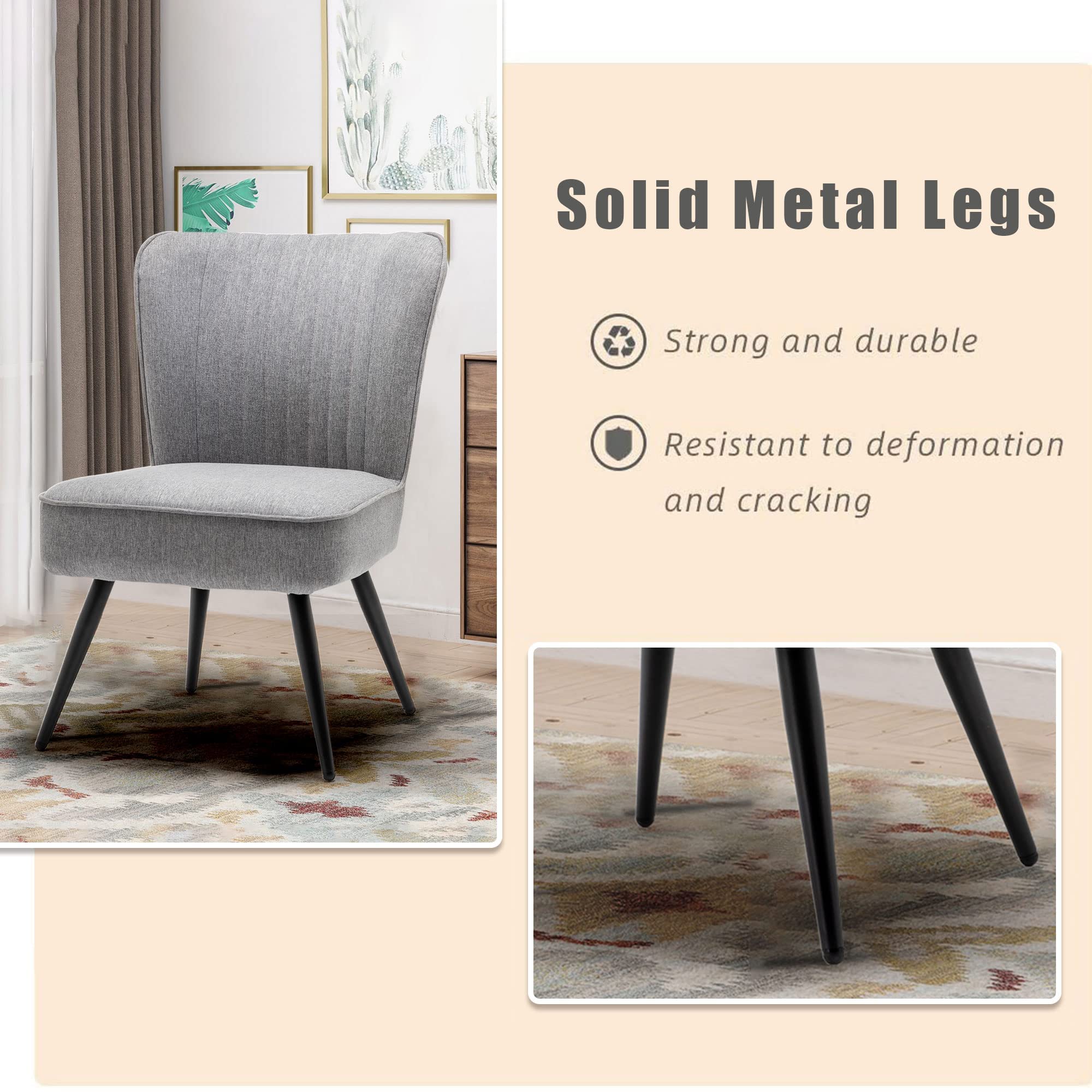 Annjoe Armless Accent Chair Set of 2 - Upholstered Slipper Chairs with Metal Legs for Living Room, Dining Room, Kitchen, Office, Bistro & Cafe - Modern Gray Side Chairs for Home Decor & Relaxation