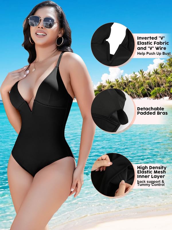 SHAPERIN Women's One Piece Swimsuit - Tummy Control, Sexy Deep V Neck, Padded Push Up Monokini Bathing Suit | Perfect for Beach Vacations, Pool Parties & Summer Getaways