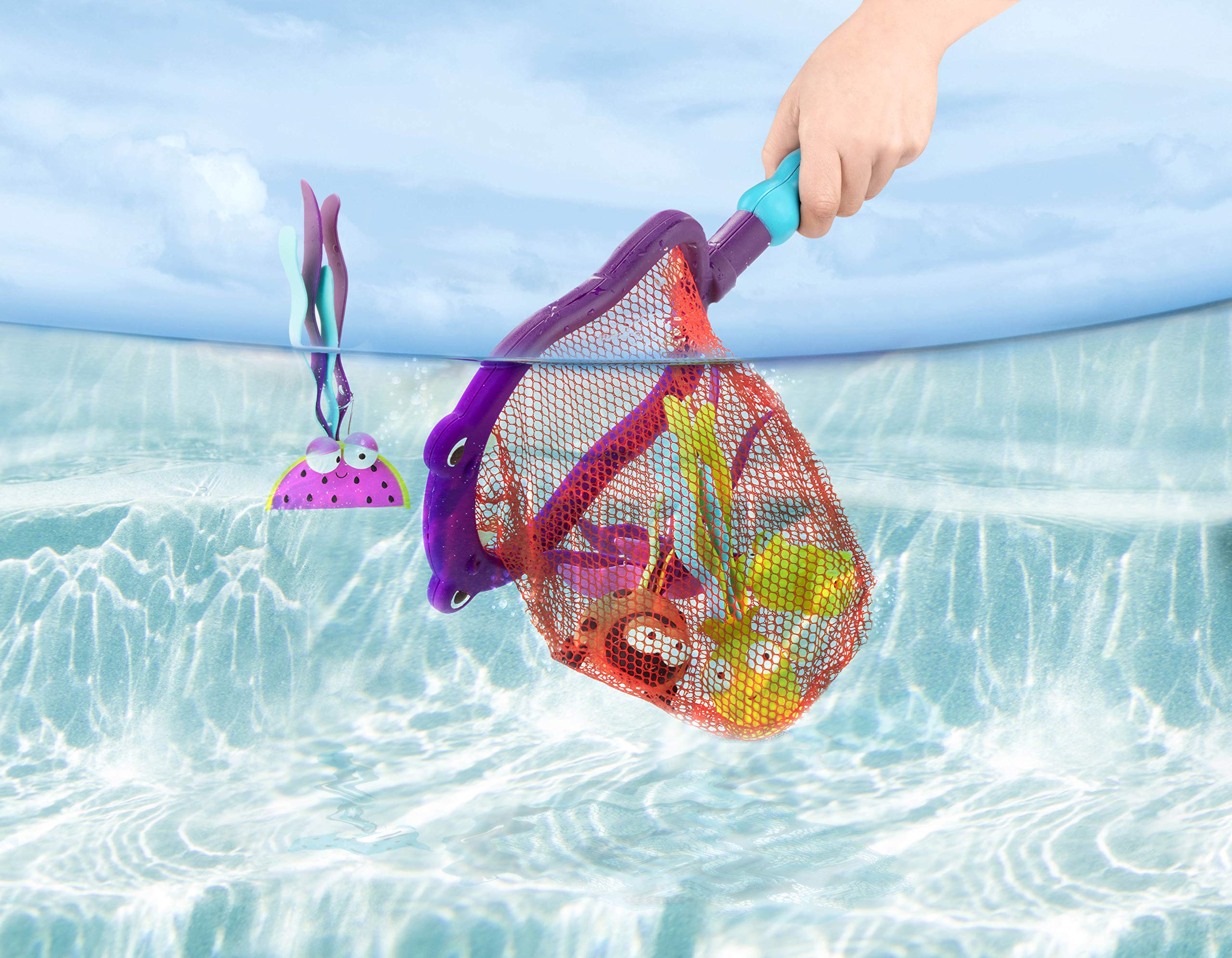 B. Toys Hippo Scoop-A-Diving Pool Toys Set - 5 Piece Water Play Kit with Hippo Net & 4 Fun Water Toys for Kids Ages 3+ - Perfect for Pool Parties, Beach Fun & Summer Outdoor Play