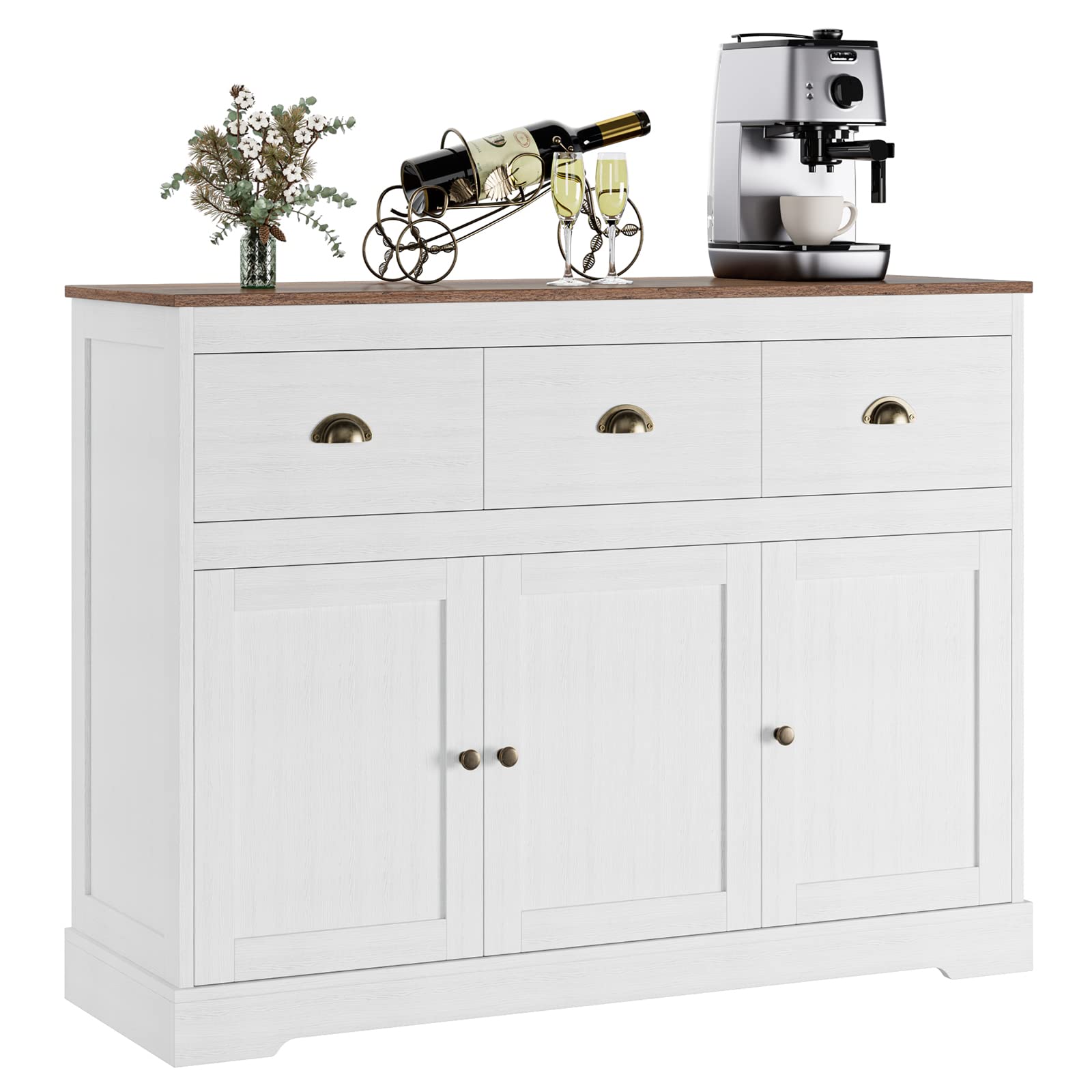 Farmhouse Style Buffet Cabinet with 3 Drawers & 3 Doors - Adjustable Shelves Kitchen Storage Sideboard, Wine Bar Console Table for Dining & Living Room - Antique White Finish | Perfect for Dining Room Storage, Kitchen Organization & Home Decor