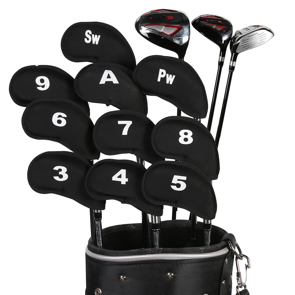 Premium 10-Piece Golf Club Head Covers Set - Neoprene Iron & Putter Protectors for Men & Women (Black) - Durable Golf Accessories for Driving Range & Course Play