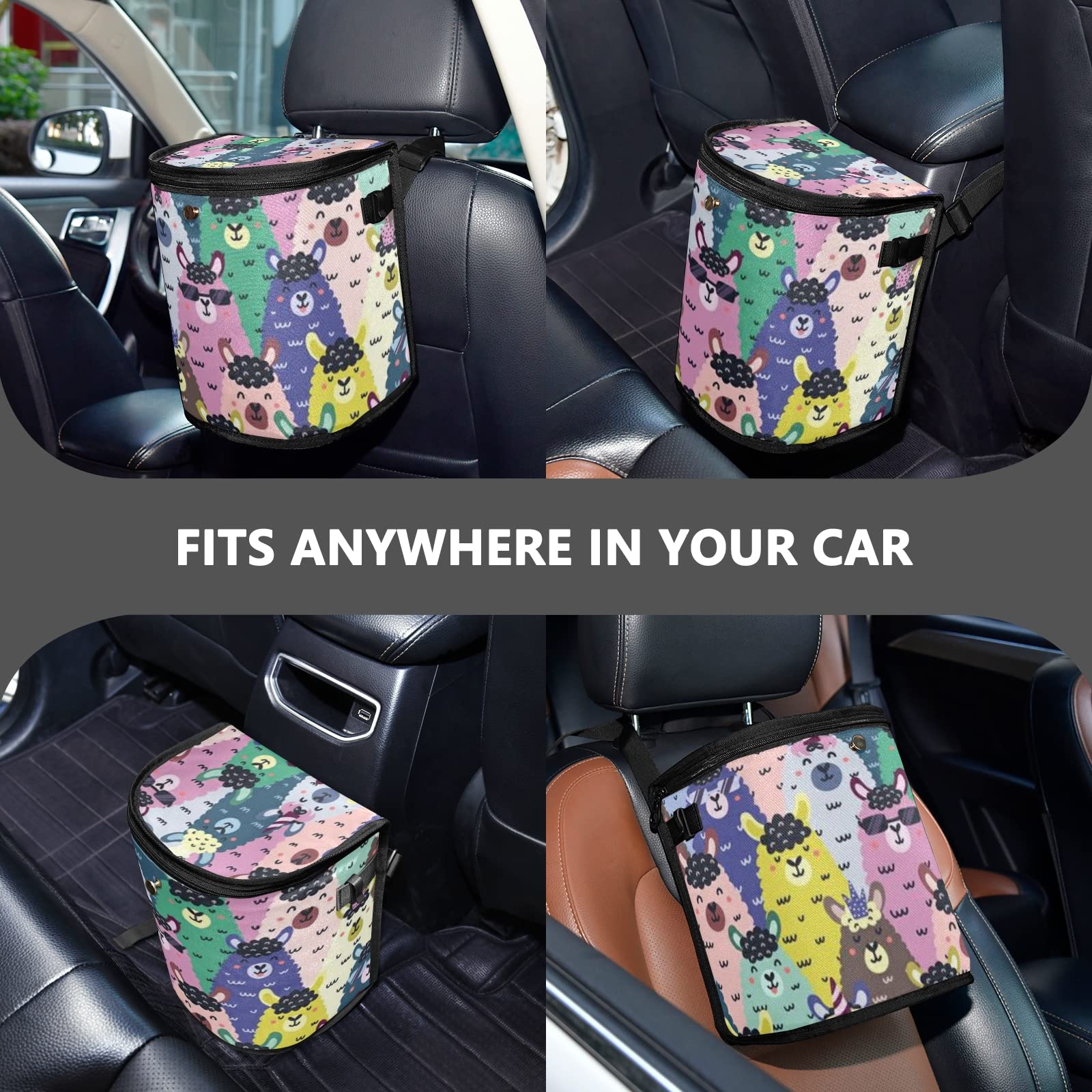 J JOYSAY Funny Llamas Collapsible Car Trash Can - Leakproof Hanging Vehicle Garbage Bag Organizer, Portable Large Capacity Trash Container for Road Trips, Commuting & Car Storage (Multicolor)