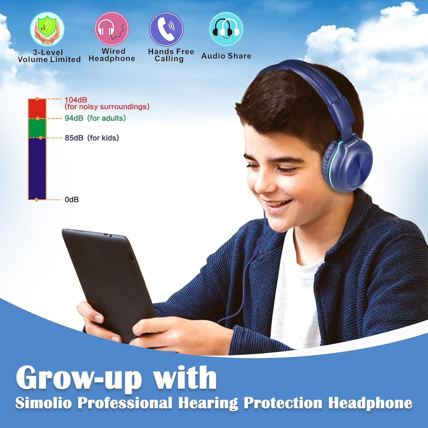 SIMOLIO 2 Pack Wired Headphones with Microphone - Foldable Over Ear Headset for Teens (Volume Limited & 3.5mm Aux) - Compatible with Cellphone, Tablet, PC, Chromebook - Perfect for School, Travel & Gifts