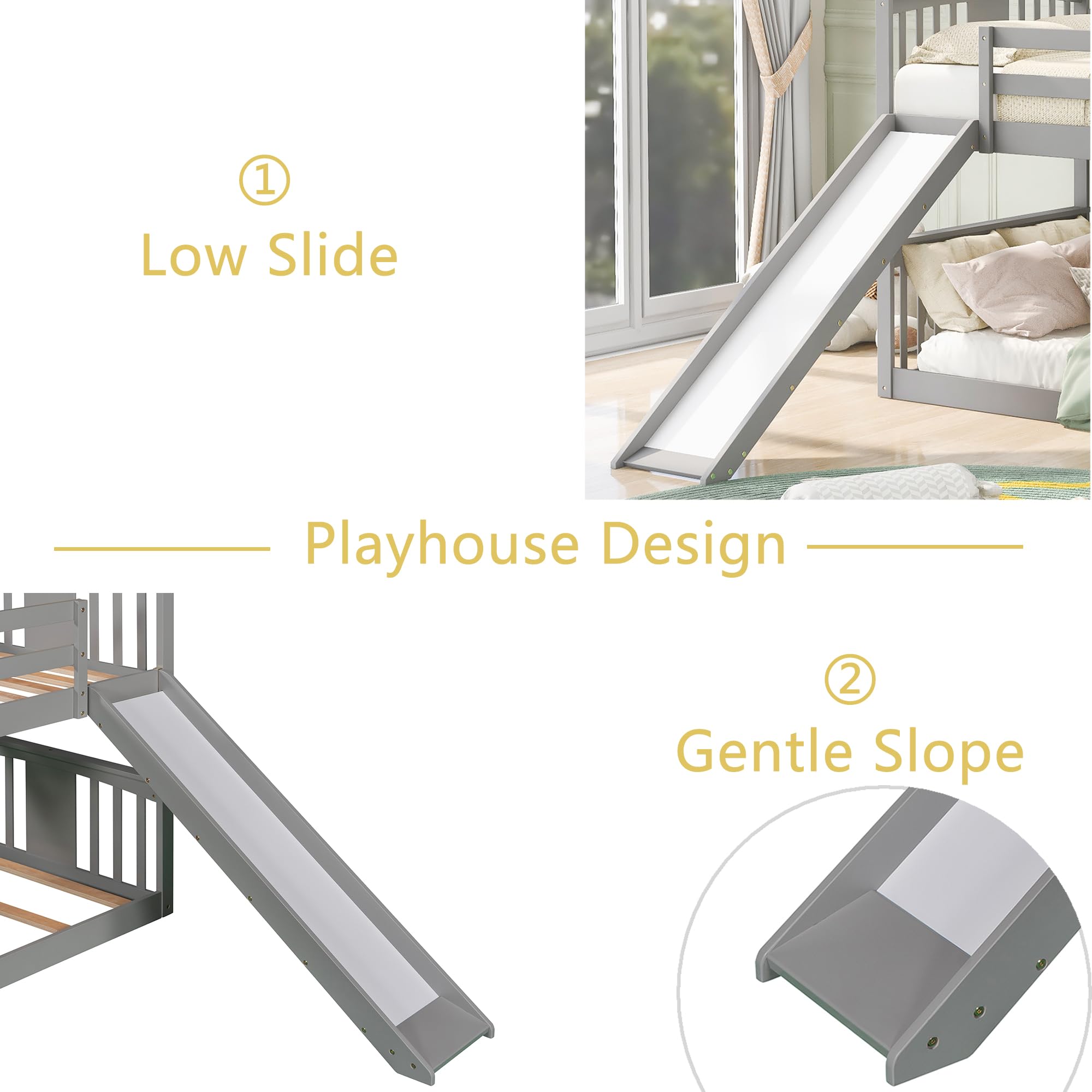 Montessori Twin Over Twin Bunk Bed with Slide & Ladder - Low Profile Kids Bunk Bed with Safety Guardrail, Headboard & Footboard - Gray Bunk Bed for Boys & Girls - Perfect for Small Bedrooms, Playrooms & Montessori Learning Spaces