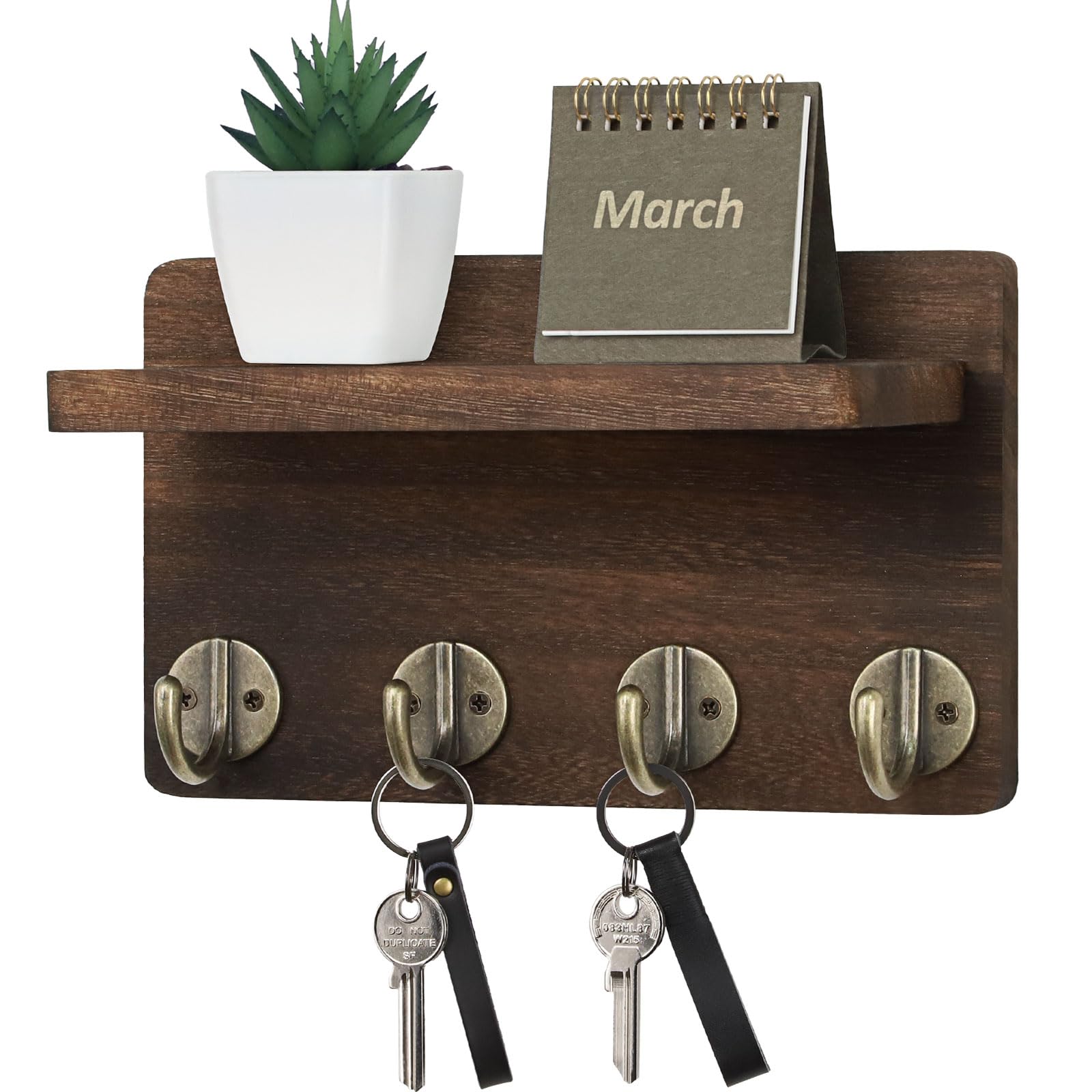 8.5 Inch Wooden Wall Key Holder with 4 Hooks & Shelf - Rustic Home Decor Organizer for Entryway, Living Room & Kitchen - Perfect for Keys, Mail & Small Essentials (Brown)