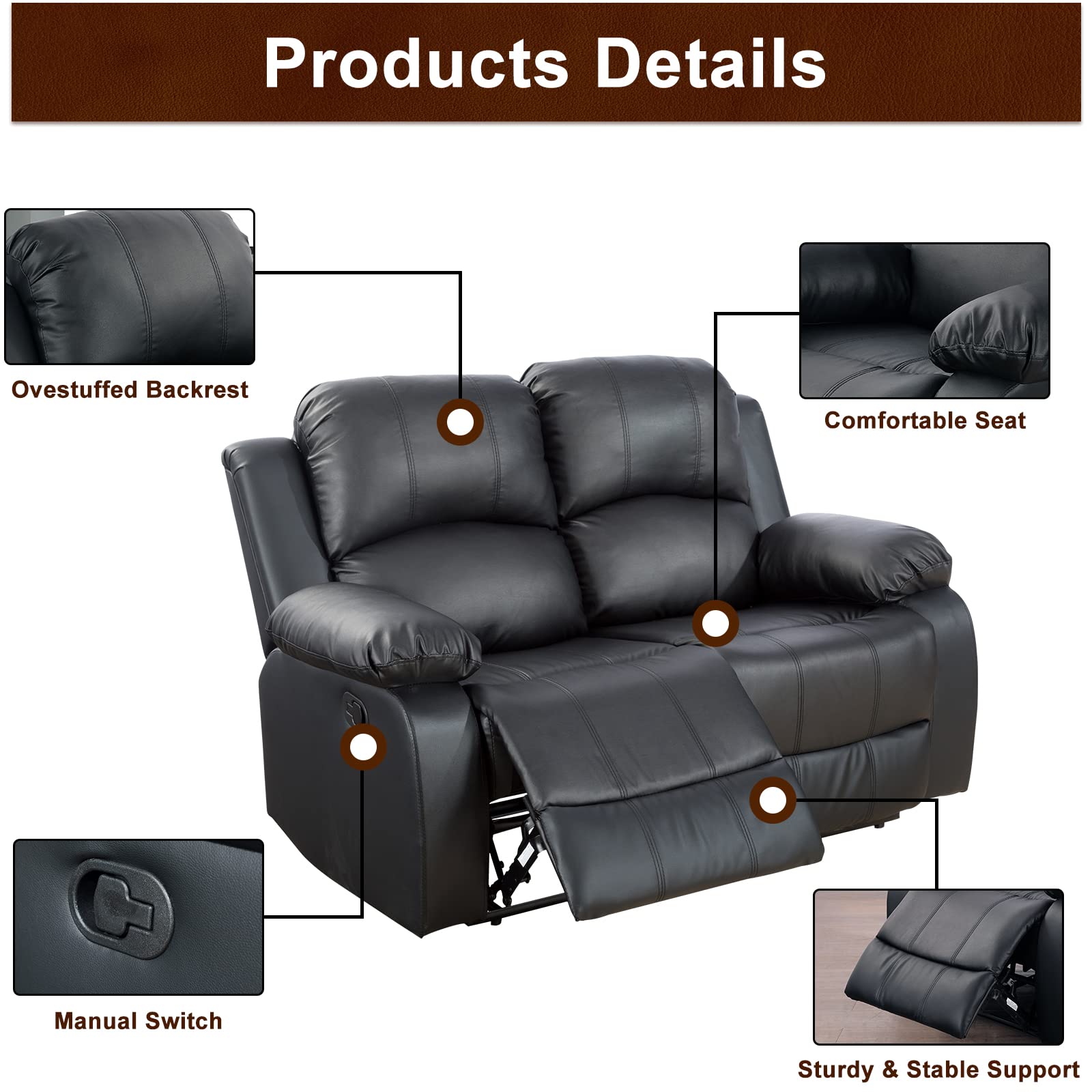 Luxury Recliner Sofa Set - Black Leather Reclining Couch & Loveseat for Living Room | Modern Home Theater Seating | Comfortable Lounge Furniture for Family Room & Entertainment Space