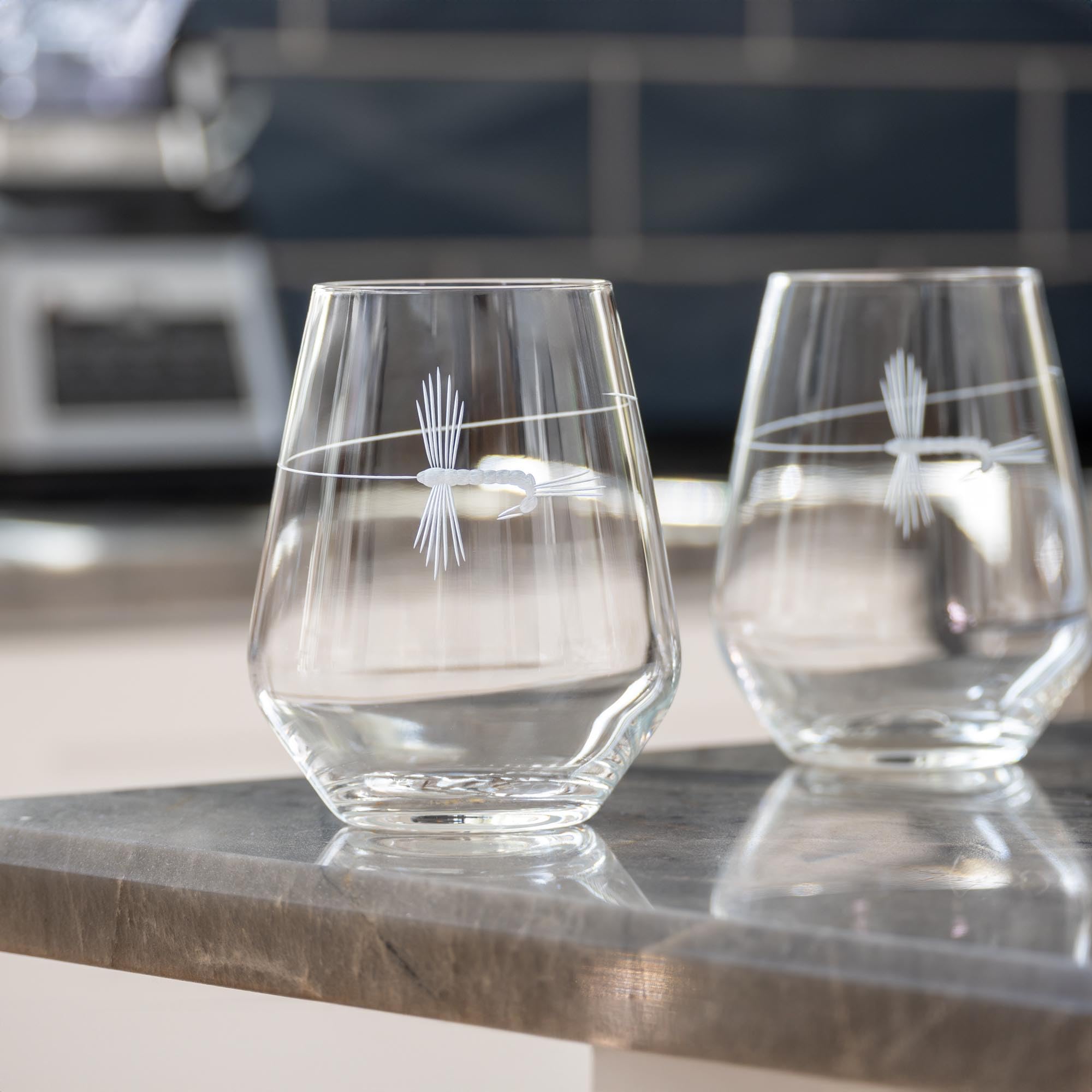 Premium Fly Fishing Stemless Wine Tumbler Set of 4 - 18oz Lead-Free Engraved Glasses for Outdoor Enthusiasts | Perfect for Camping, Picnics & Wine Tasting | Made in USA