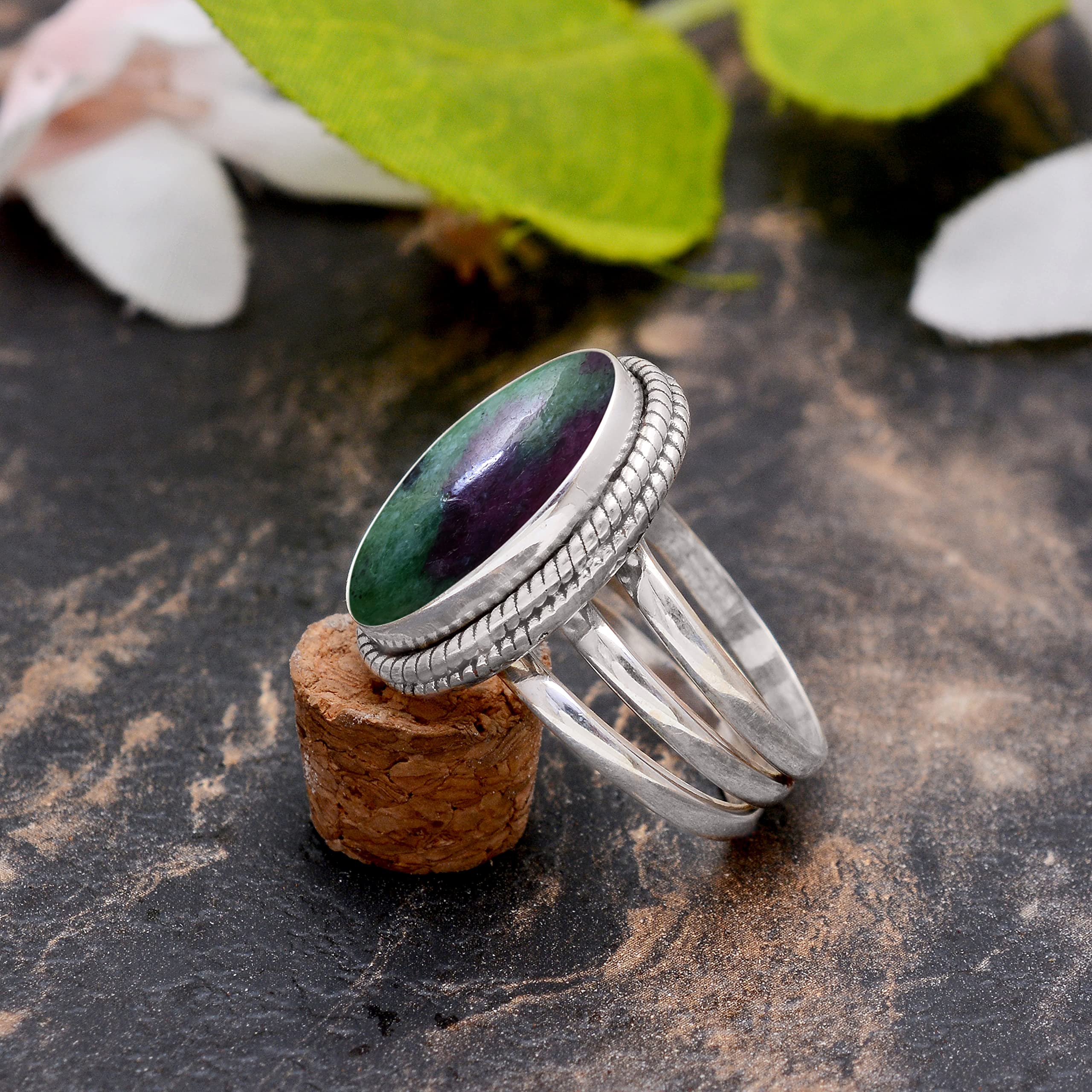 925 Sterling Silver Ruby Zoisite Ring for Women | Handmade Bohemian Jewelry with Green Red Gemstone | Trendy Unisex Fashion Ring | Perfect for Boho Chic Outfits & Special Occasions - VSR-112