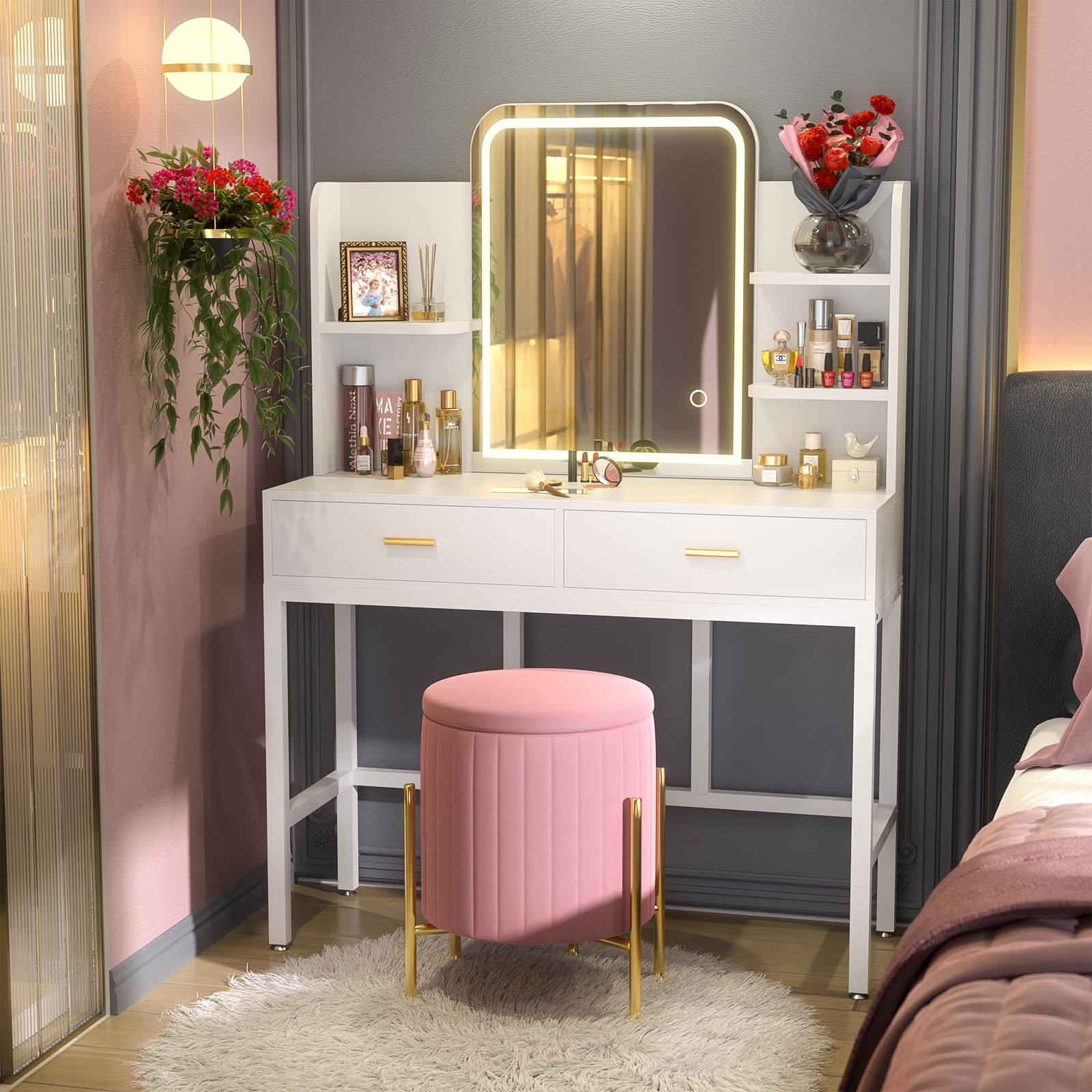 Vanity Desk with LED Mirror & Storage - Adjustable Brightness Makeup Dressing Table for Women & Girls, White (Bedroom, Beauty Salon, Home Decor)