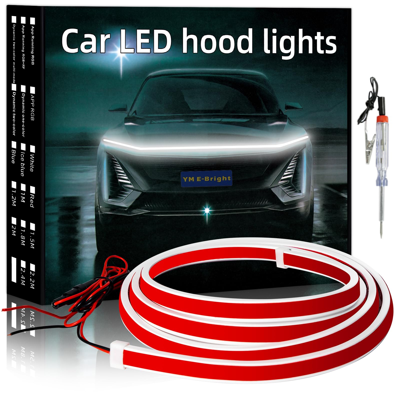 YM E-Bright LED Hood Light Strip - Flexible Waterproof Dynamic Scan Start Up Hoodbeam Kit DRL Daytime Running Lights - 12V White 240CM/94inch (1 Set) - Perfect for Cars, Trucks & SUVs - Enhance Visibility & Style for Night Driving & Off-Road Adventures