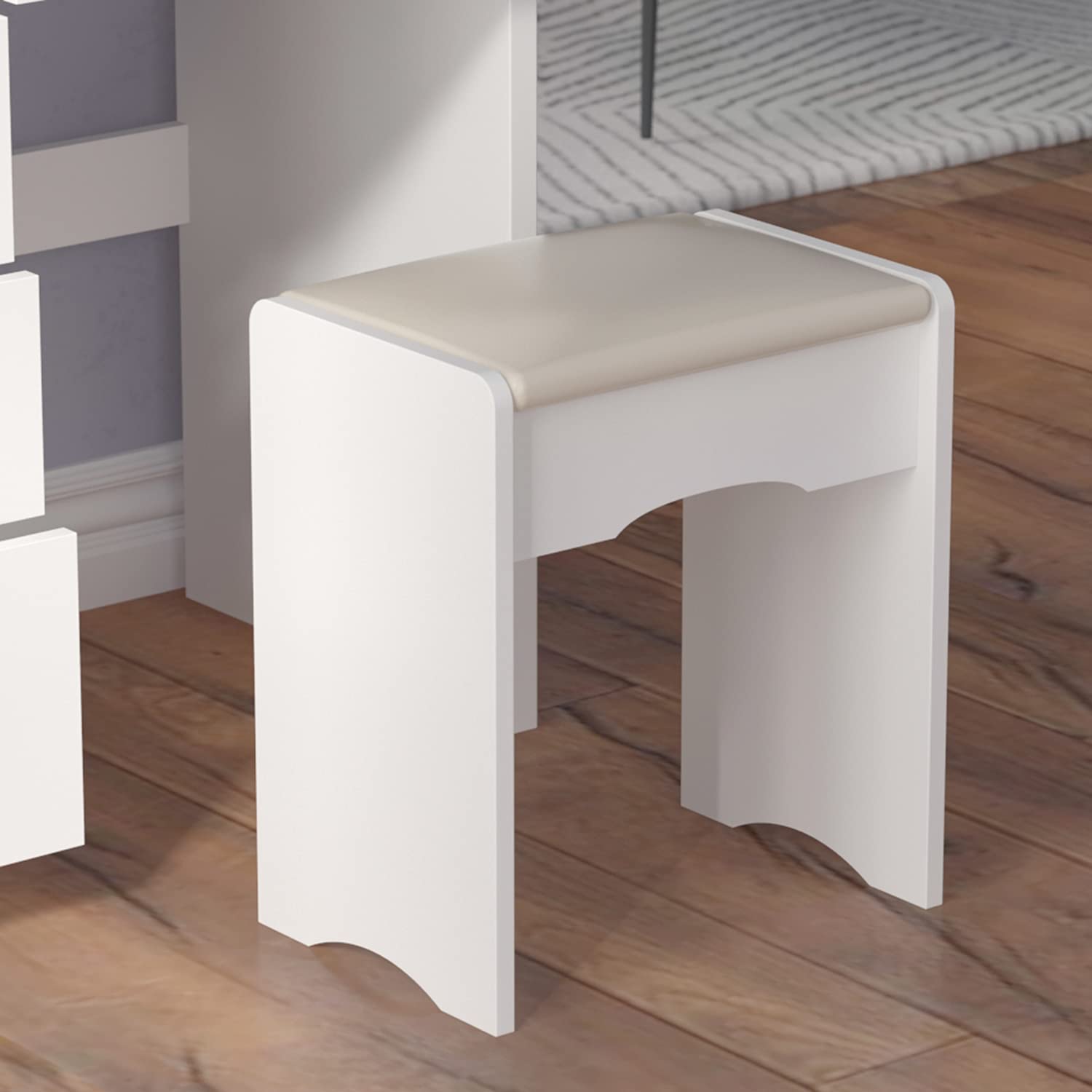 White Vanity Desk Set with Mirror & Stool - 5 Drawers for Bedroom Makeup
