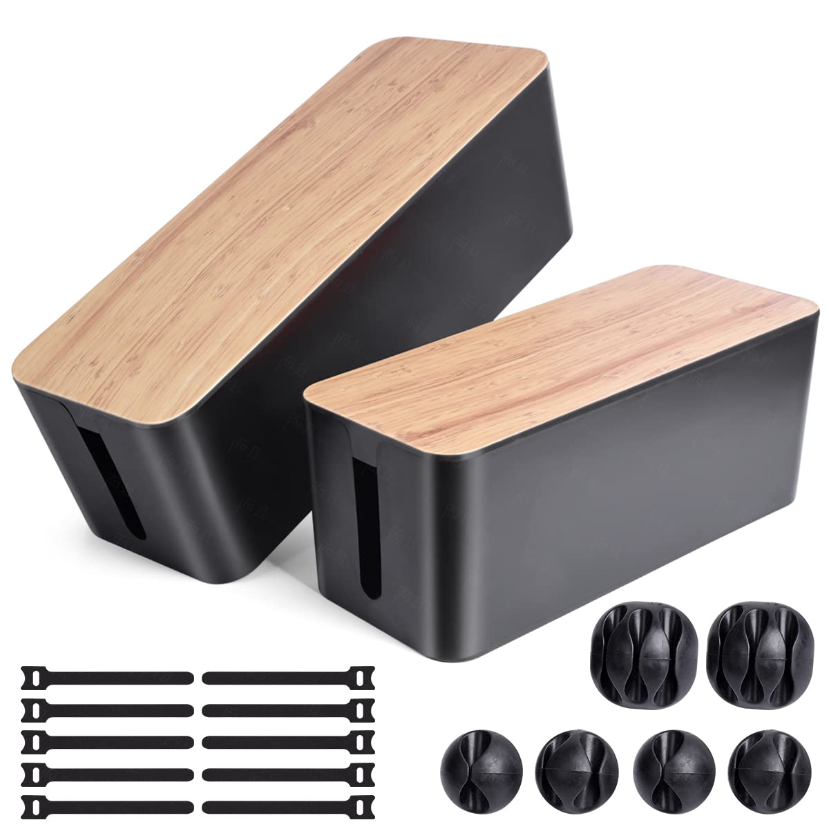 2-Pack Bamboo Style Cable Management Box Set - Large & Medium Cord Organizer Box with 17-Piece Cable Management Kit - Hide Power Strips on Desk or Floor (Black) - Perfect for Home Office & Entertainment Center Organization