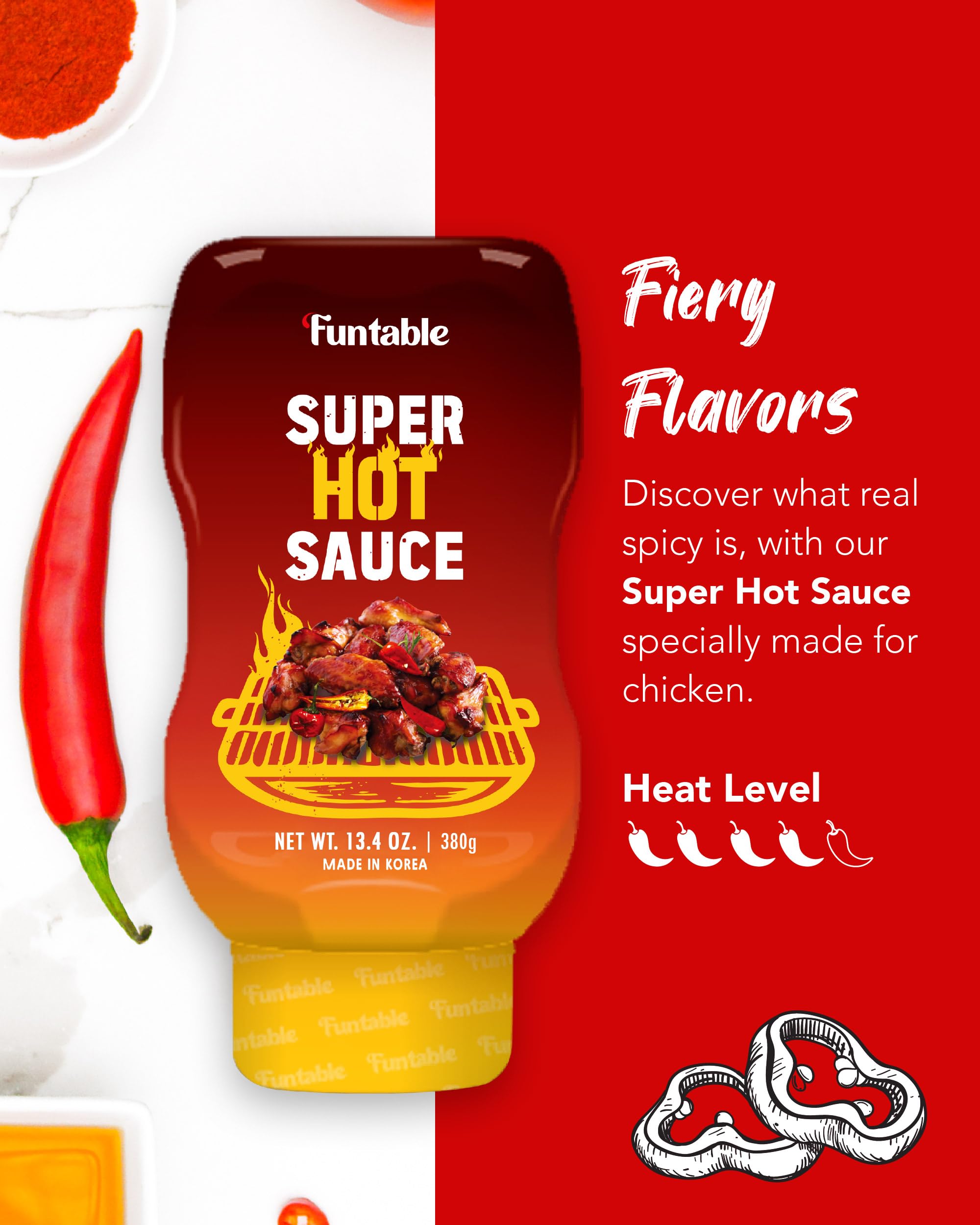 Authentic Korean Hot Sauce - Spicy & Tangy Funtable Super Hot Sauce (13.4 oz) for Fried Chicken, Nuggets, Wings, Dipping & More | Perfect for BBQ, Tacos, Burgers & Asian Dishes