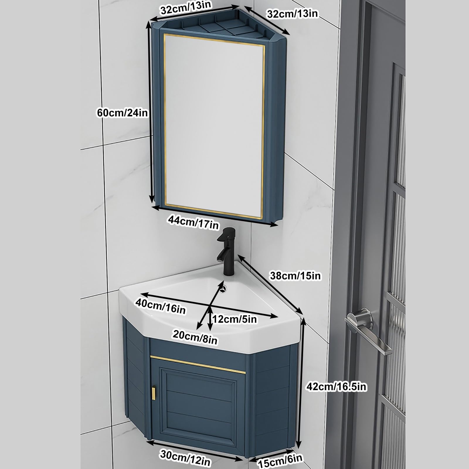 Wall-Mounted Corner Bathroom Vanity Cabinet with Mirror & Storage - 15 Inch Space-Saving Bathroom Sink for Small Bathrooms, Powder Rooms & Apartments