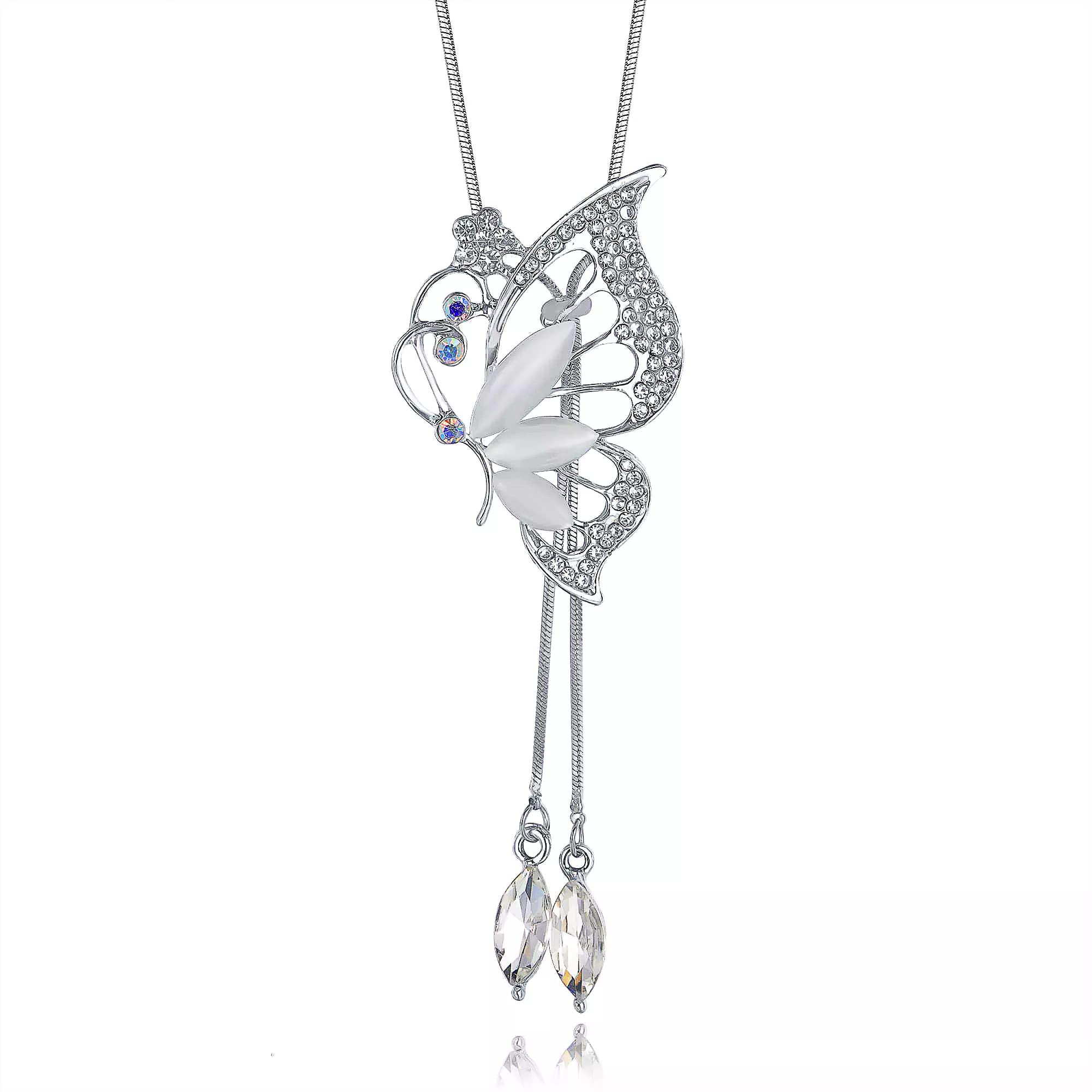 Trendy Women's Fashion Rhinestone Long Pendant Silver Necklace - Elegant Crystal Chain Tassel Lariat Statement Jewelry for Sweater Outfits & Evening Wear
