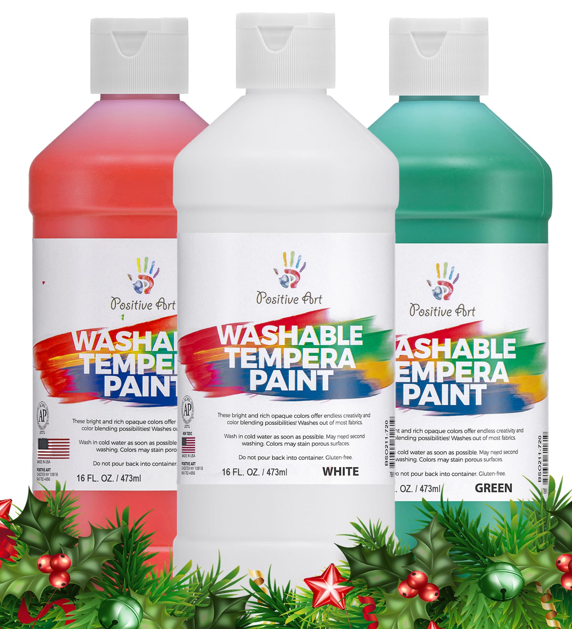 Washable Kids Paint Set - Non-Toxic Tempera Paint for School & Classroom (Red, Green, White - 16 Oz Each) | 3 Pack Holiday Colors | Perfect for Christmas Gifts, Art Projects & Finger Painting Activities