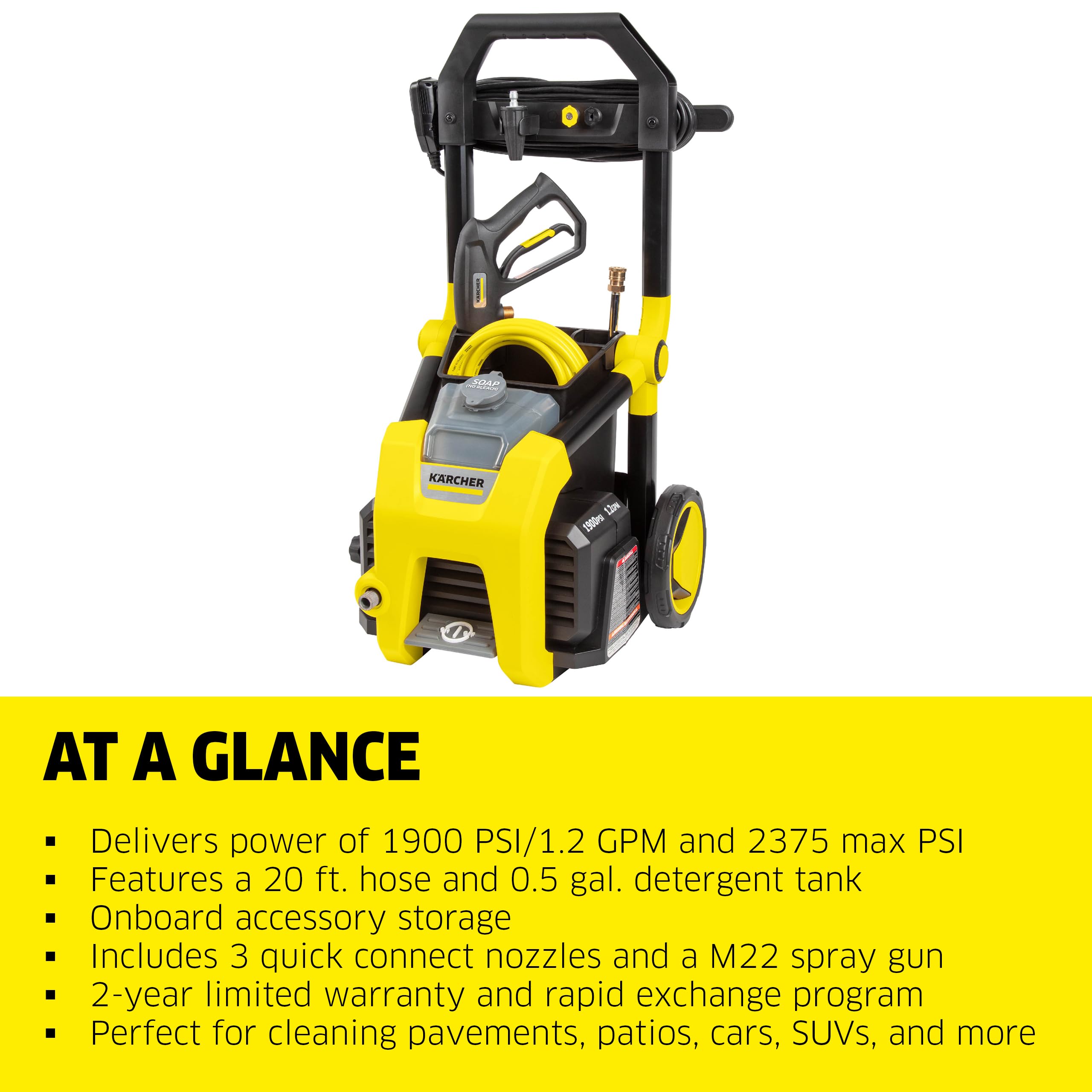 Kärcher K1900PS Electric Pressure Washer - 2375 Max PSI, 1.46 GPM, 3 Nozzles & Detergent Tank for Car Washing, Driveway Cleaning, Patio & Home Exterior Maintenance - Ideal for Outdoor Cleaning Projects