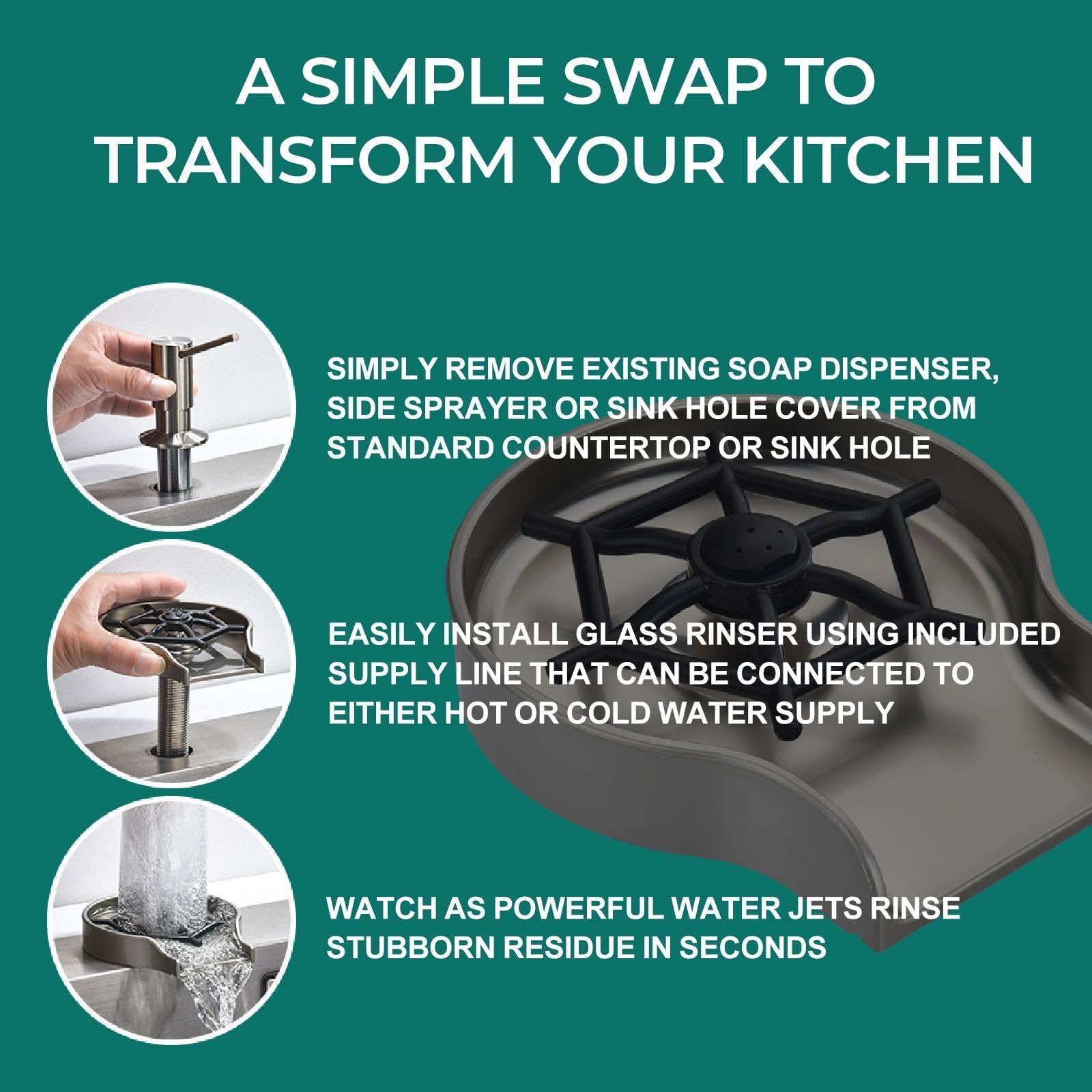 Premium Cup & Glass Washer for Kitchen Sink - Brushed Nickel Stainless Steel Rinser with Upgraded Metal Sprayer Nozzle | Perfect for Wine Glasses, Beer Mugs, Barware & Dish Cleaning | Ideal for Home Kitchens, Wet Bars & Commercial Use
