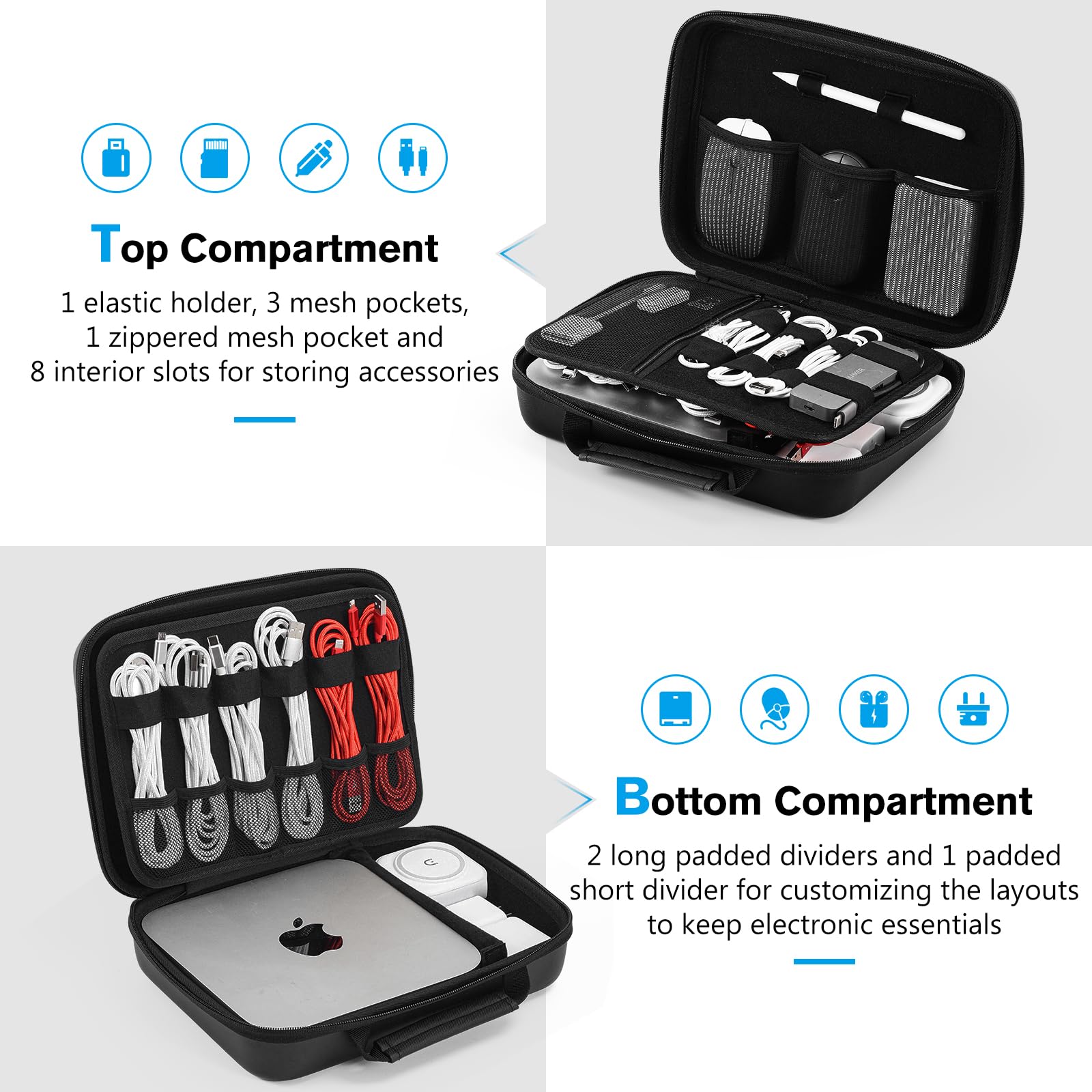 ProCase XL Black Hard Travel Electronic Organizer Case - Compatible with MacBook, Power Adapter, Chargers, Cables, Power Bank, Apple Magic Mouse, Apple Pencil, USB Flash Drive & SD Cards | Portable Accessories Bag for Business Travel, Office, and Daily Commute