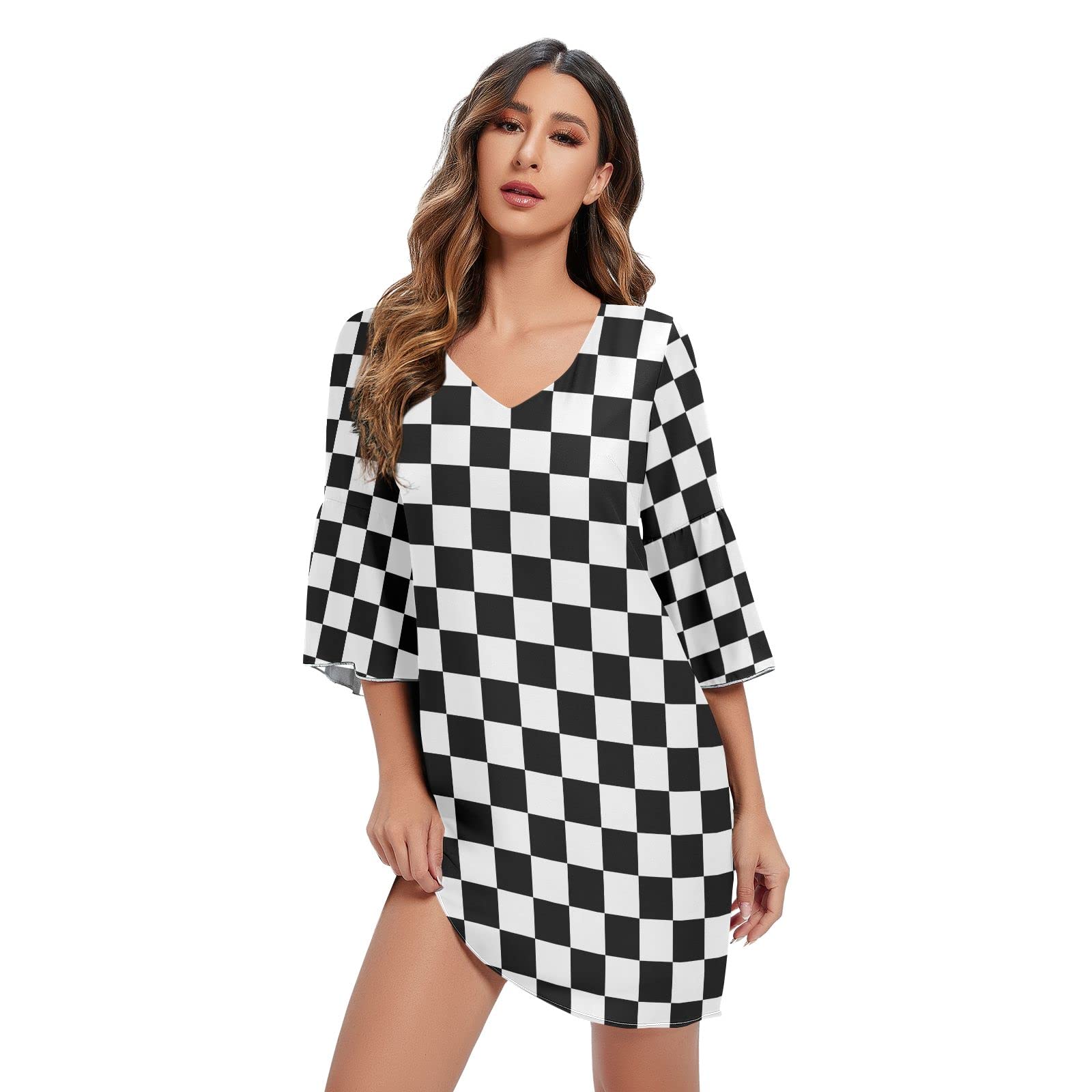 Black & White Buffalo Check Plaid Women's Short Sleeve V-Neck Ruffle Sundress - Chiffon Summer Dress Size S (20405720) | Perfect for Beach Vacations, Picnics & Casual Outings