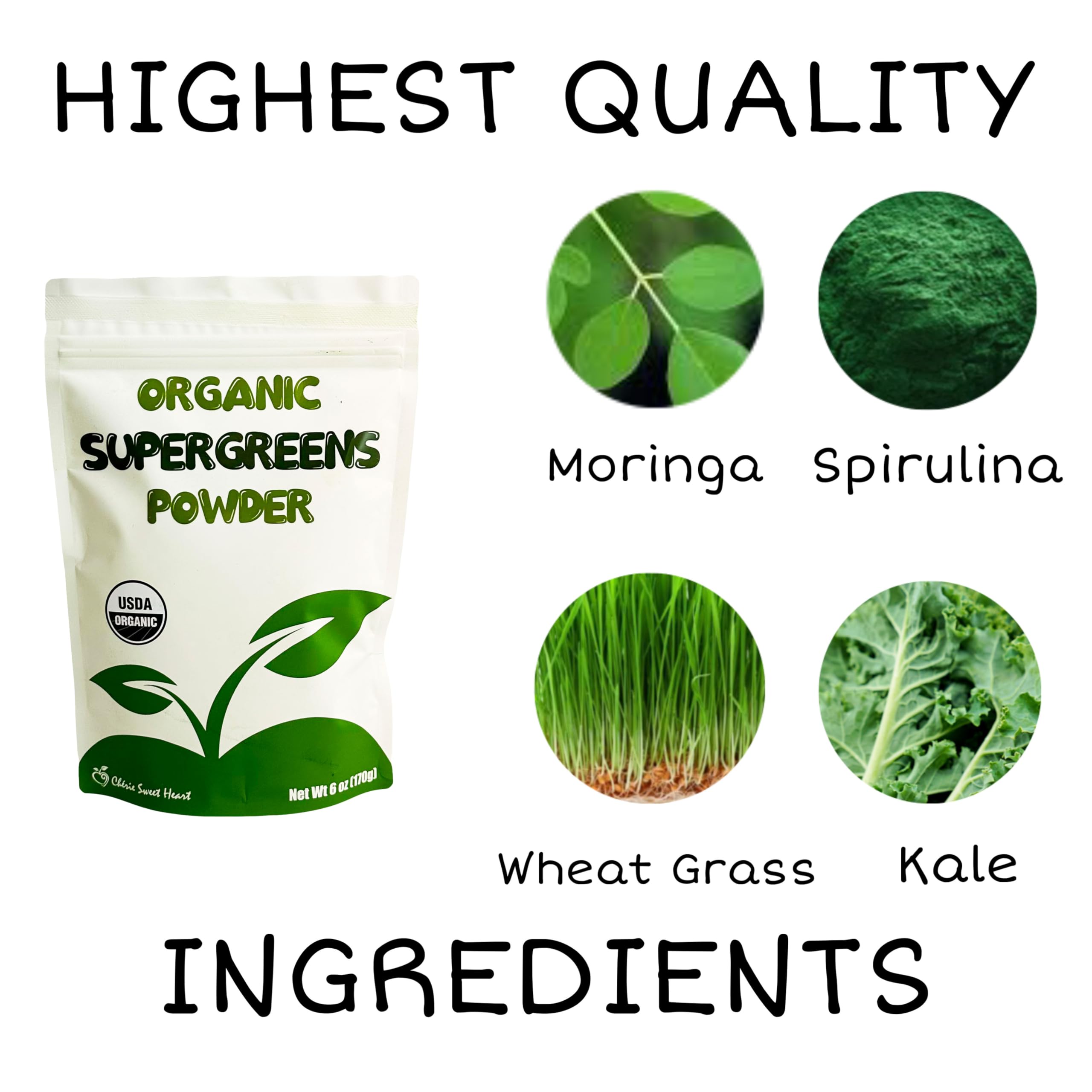 Organic Cherie Sweet Heart Supergreens Powder - Premium Green Superfood Blend with 34 Servings (6 oz) - Perfect for Smoothies, Juices & Daily Wellness Boost