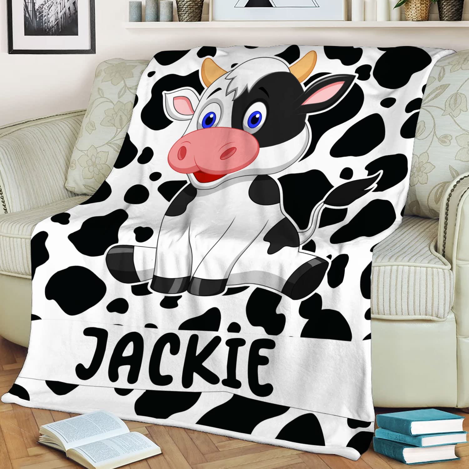 Grococo Personalized Fleece Blanket with Custom Name - Soft Cow Print Baby Blanket 30x40 Inch | Cute Farm Animal Gift for Christmas, Birthday & Baby Shower | Perfect for Nursery, Sofa & Family Cuddle Time