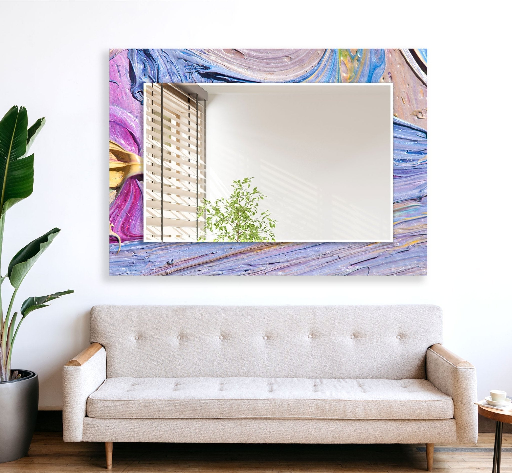 Abstract Purple Oil Painting Wall Mirror - Modern Boho Decor for Living Room, Bedroom & Entryway - Handmade Artwork for Home & Office Decor