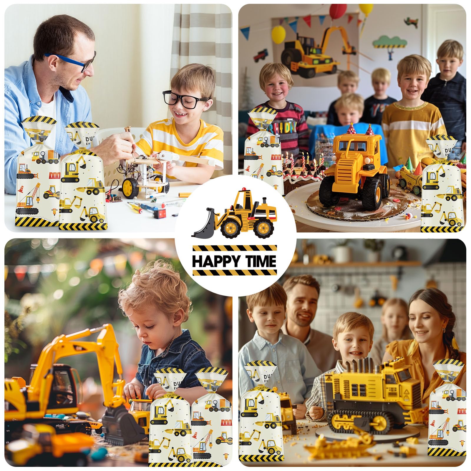 50 Pack Construction Party Favor Bags - Heavy Duty Truck Themed Cellophane Goodie Bags with Gold Twist Ties for Kids Birthday Party, Baby Shower & School Events | Construction Theme Treat Bags for Candy, Snacks & Small Gifts