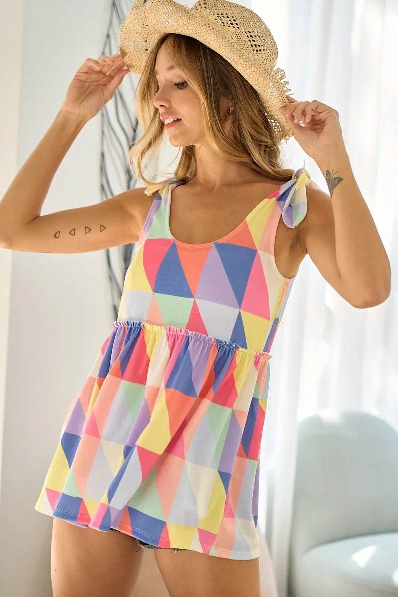 BiBi Women's Multi-Color Block Brushed Tied Ribbon Shoulder Top | Casual Summer Blouse for Date Night & Beach Outings