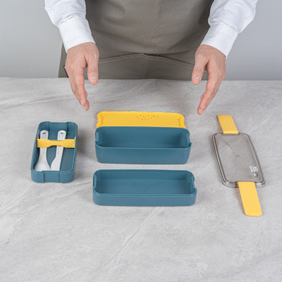 Bento Tek 30 oz Blue and Yellow 3-in-1 BPA Free Lunch Box Set with Fork & Knife - Microwave Safe, 7.5