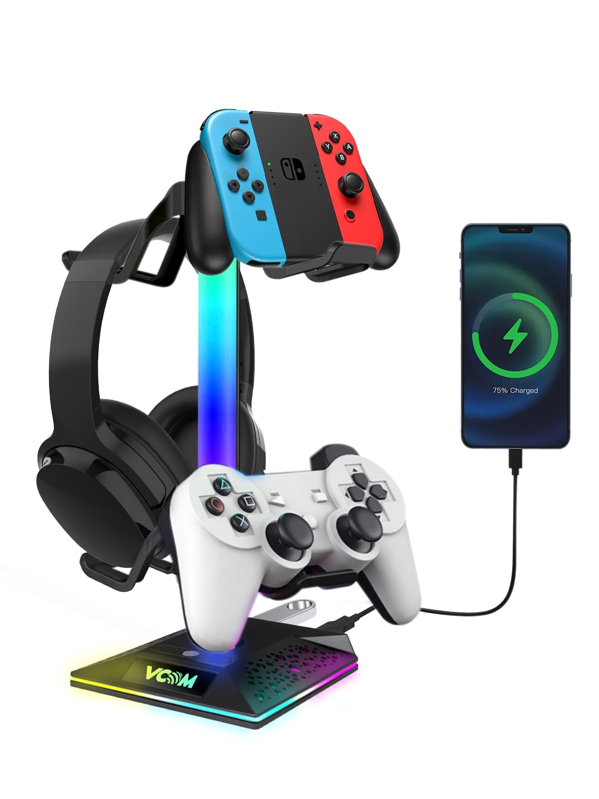 RGB Gaming Headphone Stand with 2 USB Ports & 10 Light Modes - Non-Slip Rubber Base Universal Headset Holder for PC, PS5, Xbox - Perfect Gaming Desk Accessory Gift for Gamers, Husband, Boyfriend