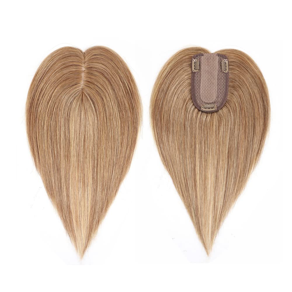 MY-LADY Human Hair Toppers for Women - 150% Density Remy Hair Topper with Silk Base (7x13cm, No Bangs) - Clip in Hair Piece for Thinning Hair - 12 Inch Straight Hair Topper in #27 Dark Blonde - Perfect for Daily Wear, Special Occasions & Hair Loss Solutions
