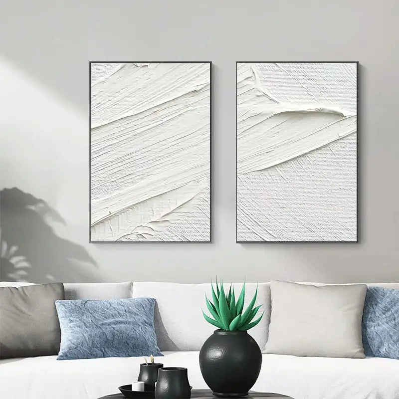 Minimalist White Textured Canvas Paintings - Set of 2 Modern Abstract Wall Art for Living Room & Bedroom Decor #MM052