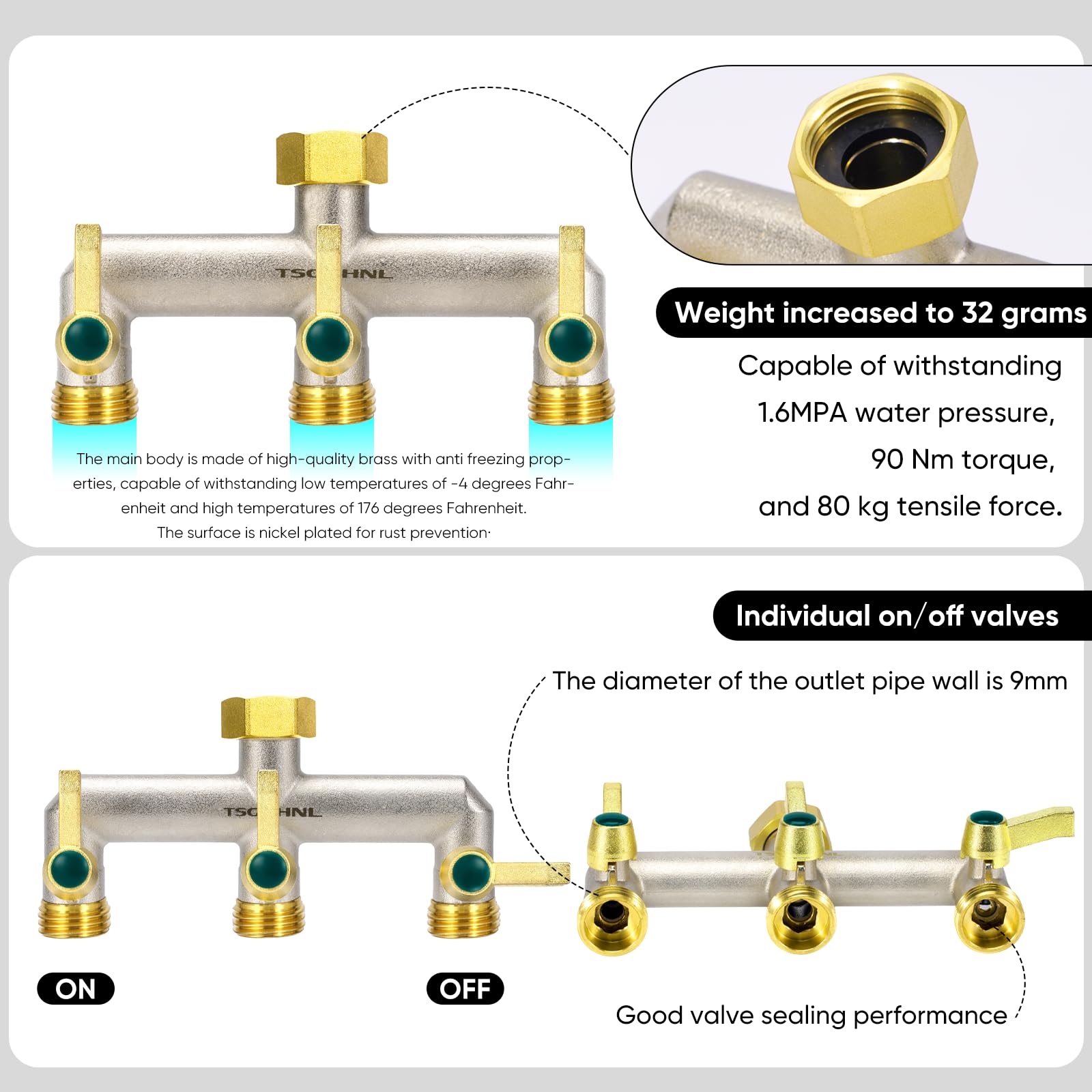 3-Way Garden Hose Splitter - Heavy Duty Brass Nickel Plated Faucet Diverter with 3 Extended Metal Handles, 3/4-Inch GHT Hex Female Inlet & Male Outlet - Perfect for Outdoor Watering, Sprinkler Systems & Multiple Hose Connections