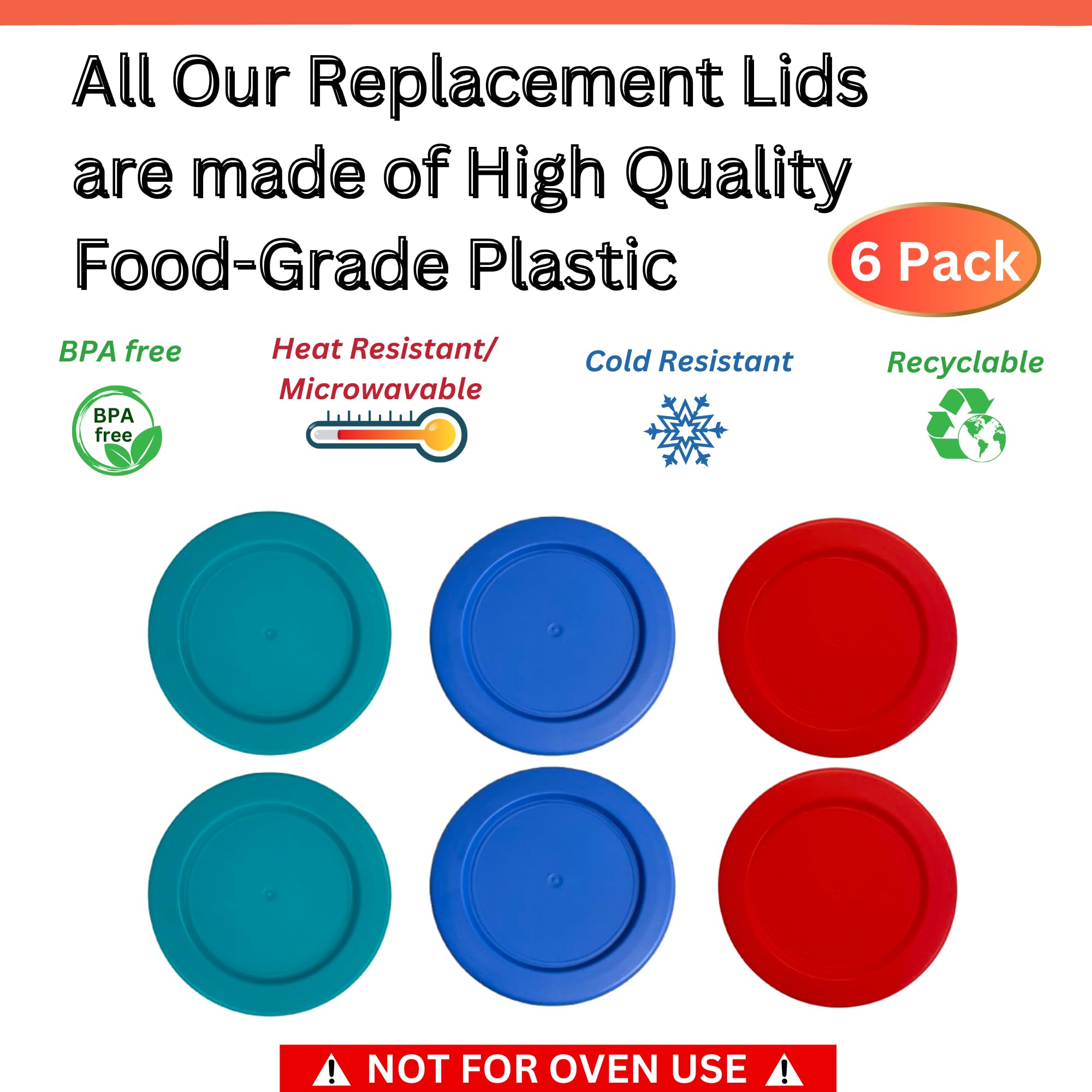 Pyrex 2 Cup Glass Food Storage Container Replacement Lids - 6 Pack (Turquoise, Blue, Red) | Airtight & Leakproof Covers for Meal Prep, Leftovers & Kitchen Organization (Container Not Included)