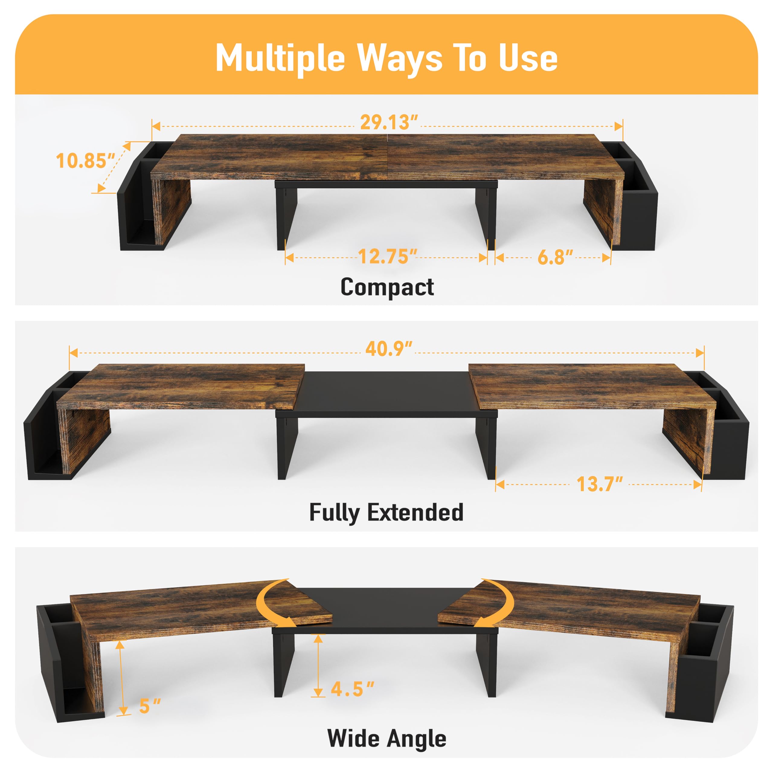Dual Monitor Stand Riser with Storage Drawer - Rustic Brown Wooden Desk Organizer for Home Office & Gaming Setup