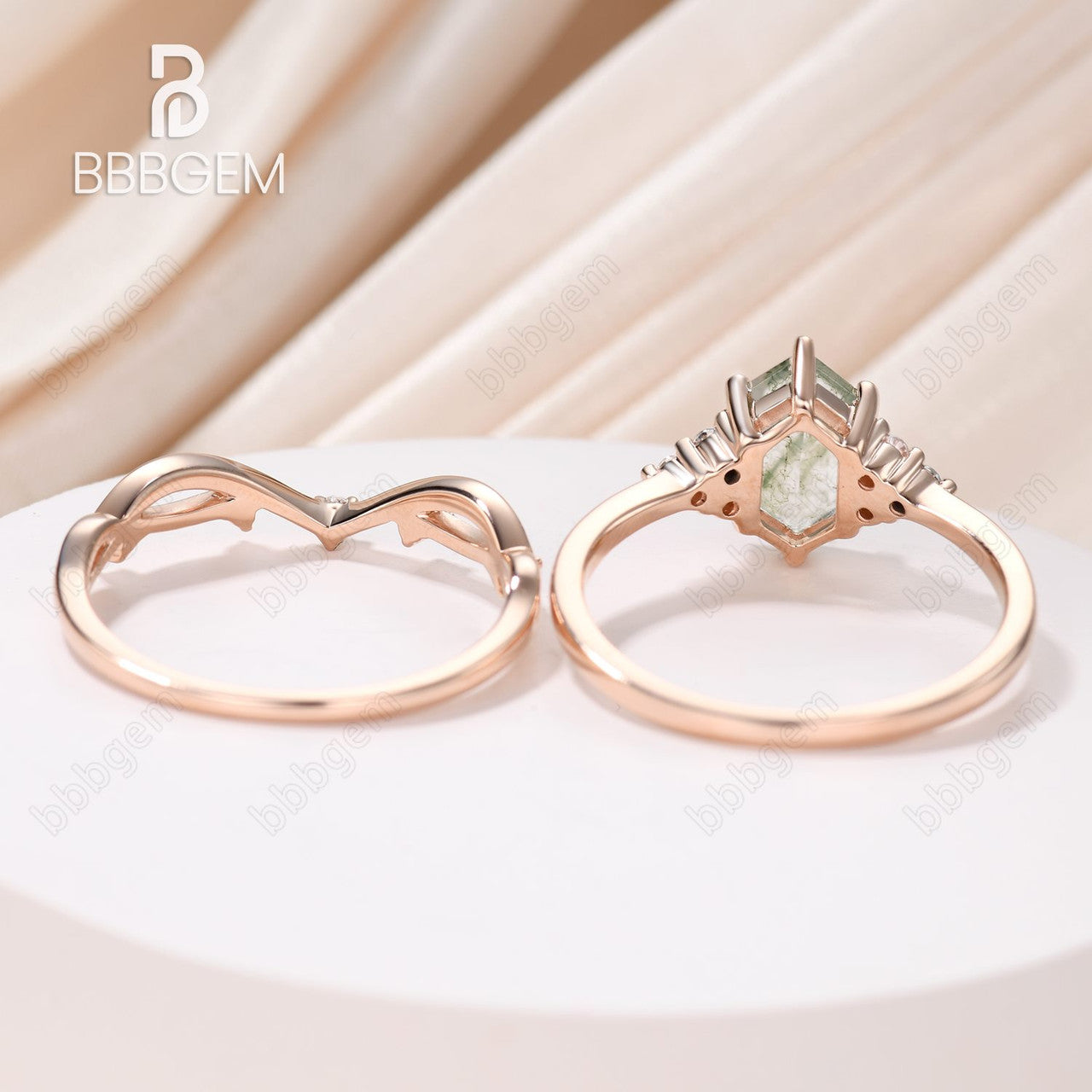 Vintage Moss Agate Hexagon Cut Branch Leaf Vine Art Deco Promise Ring Set for Women - Nature Inspired Jewelry for Engagement, Wedding, Anniversary & Everyday Boho Fashion