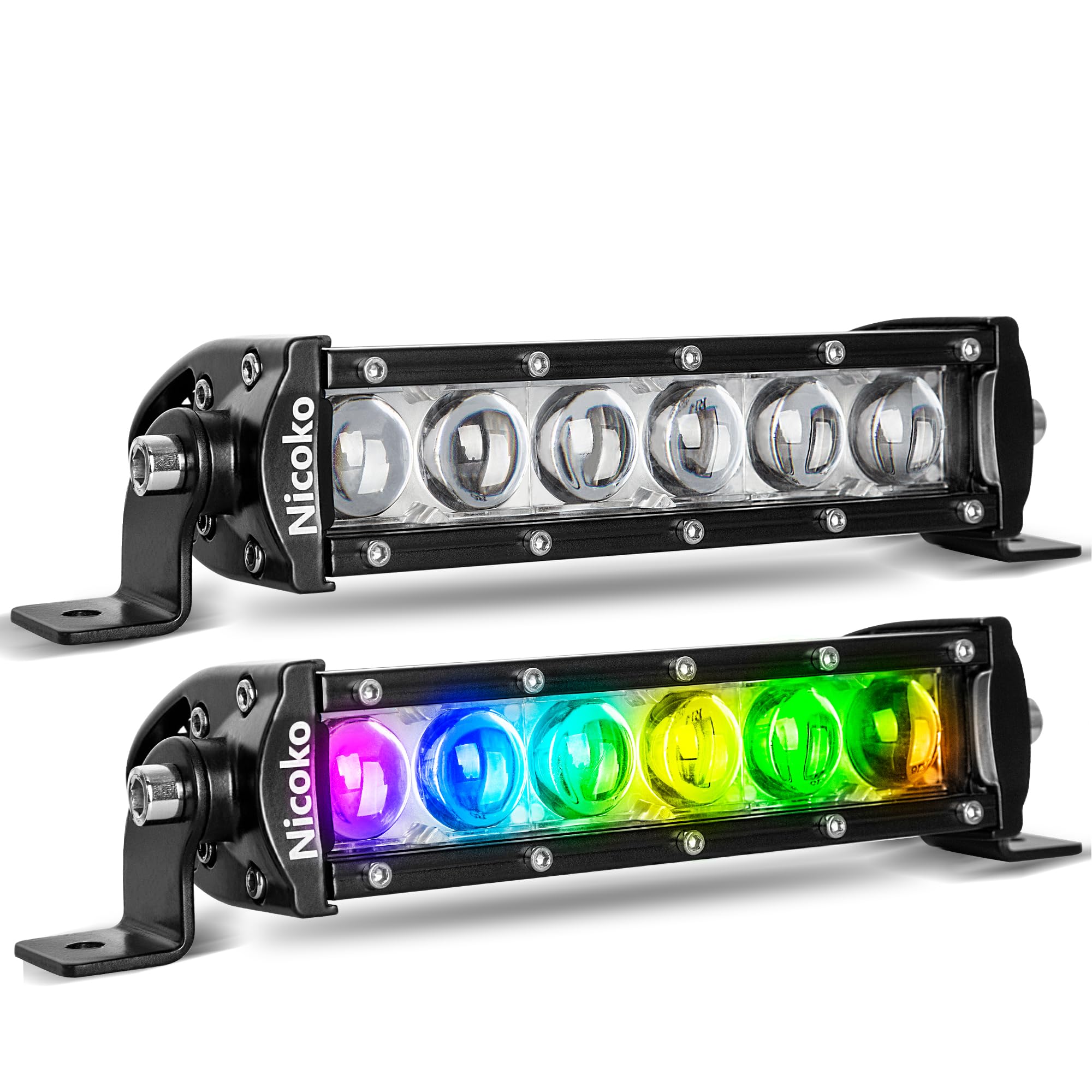 Nicoko 7-Inch Single Row LED Light Bar - Ultra-Thin 30W (5W/LED) Super Bright Color Changing Off-Road Lights with Bluetooth App & Remote Control - Perfect for Trucks, ATVs, UTVs, SUVs (Pack of 2) - Ideal for Night Driving, Off-Road Adventures & Emergency Lighting
